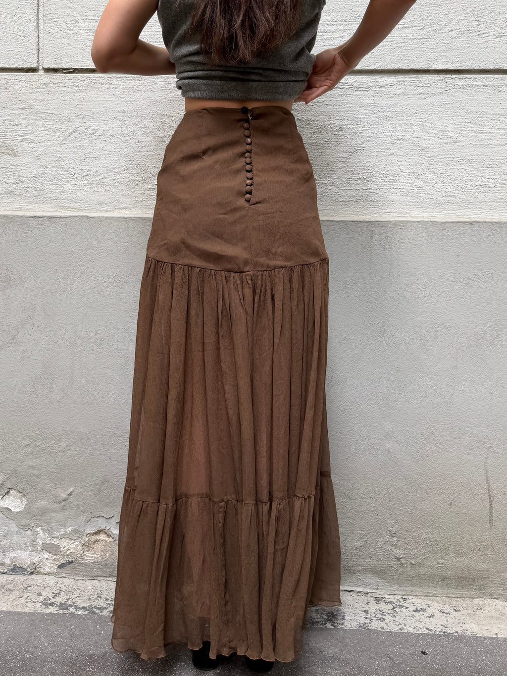 Vintage 100% Silk Georgette Brown Maxi Skirt XS