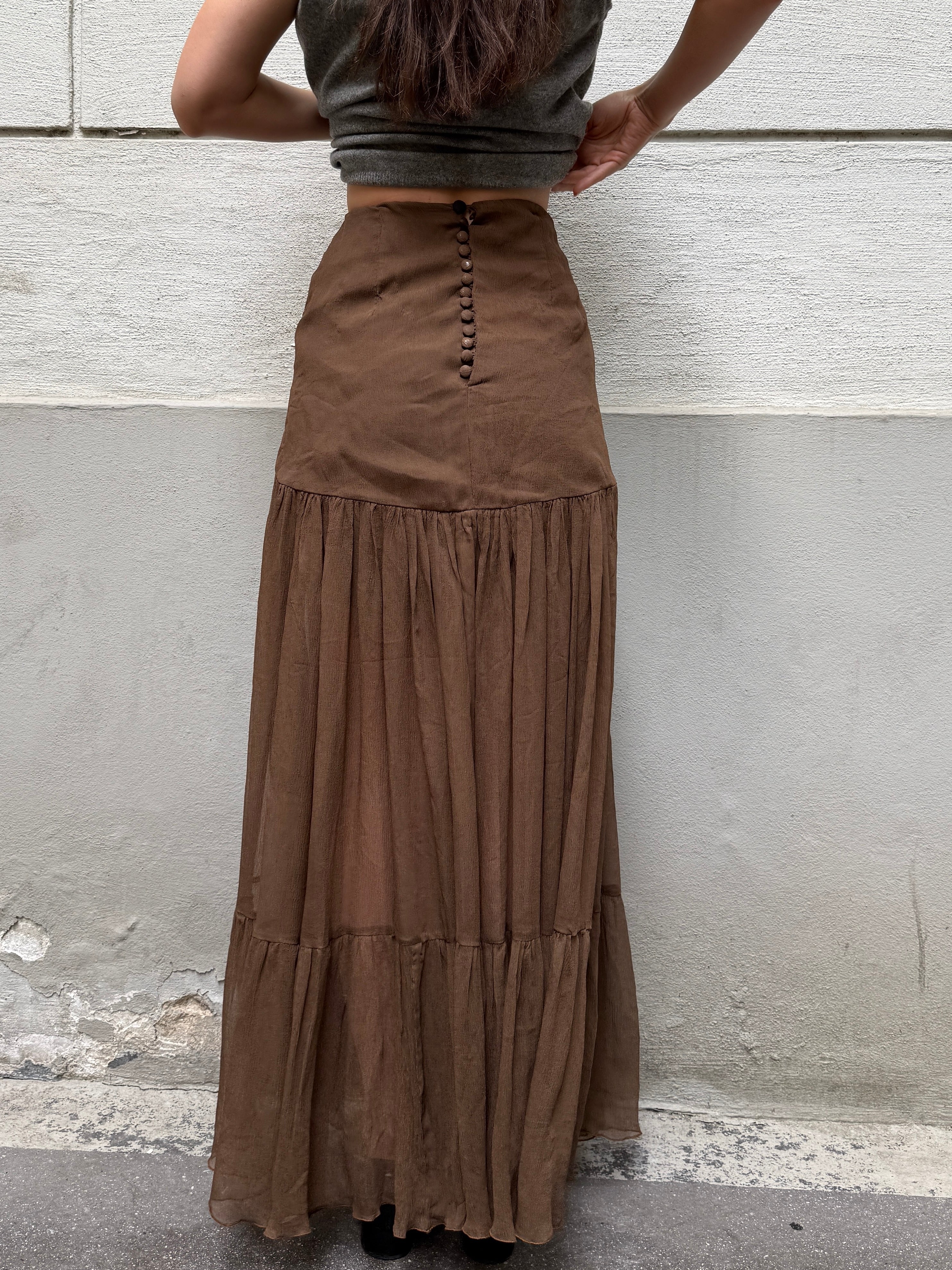 Vintage 100% Silk Georgette Brown Maxi Skirt XS