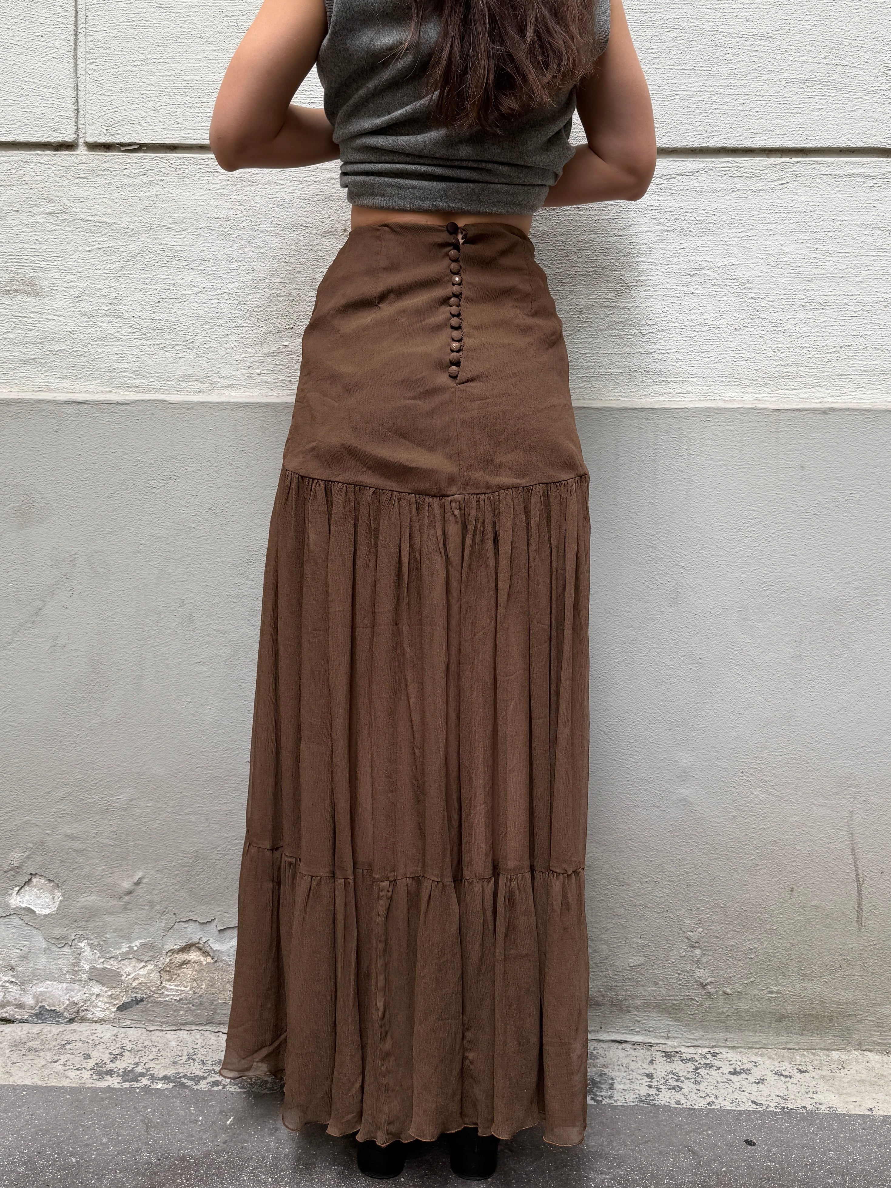 Vintage 100% Silk Georgette Brown Maxi Skirt XS