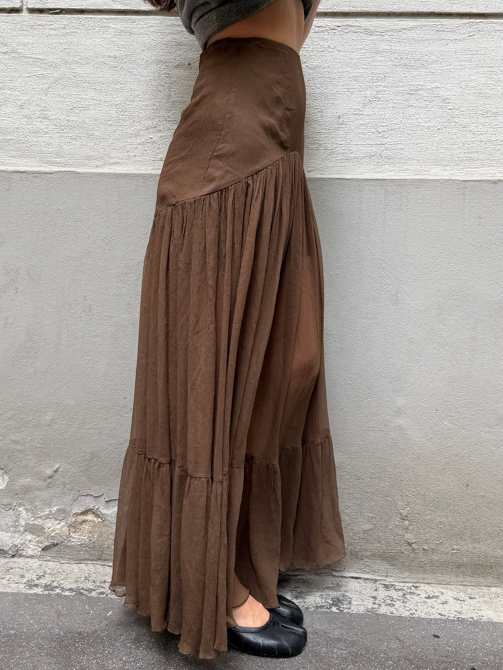 Vintage 100% Silk Georgette Brown Maxi Skirt XS