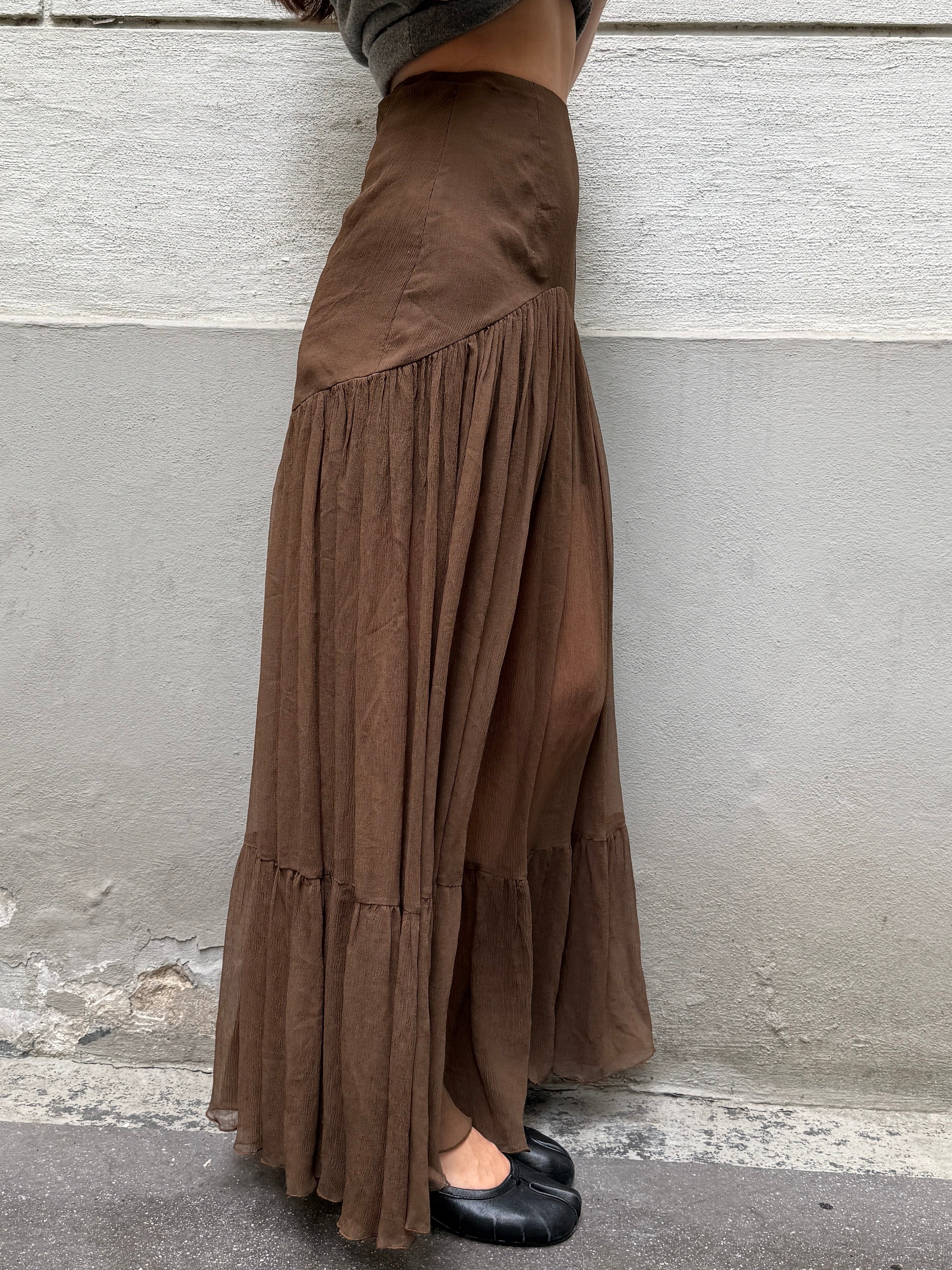 Vintage 100% Silk Georgette Brown Maxi Skirt XS