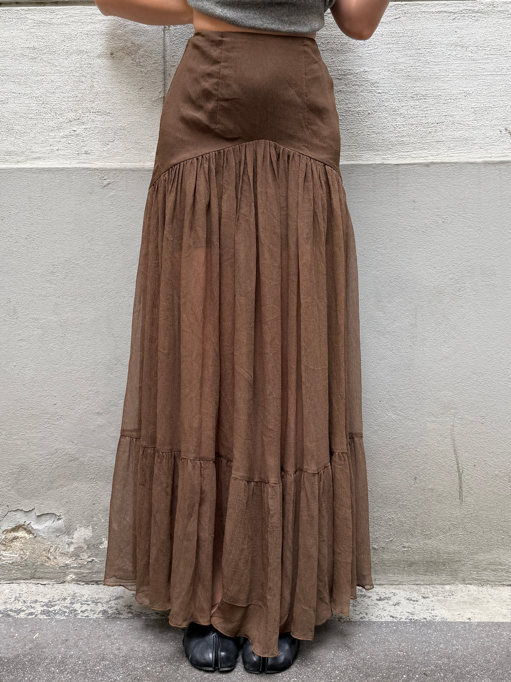 Vintage 100% Silk Georgette Brown Maxi Skirt XS