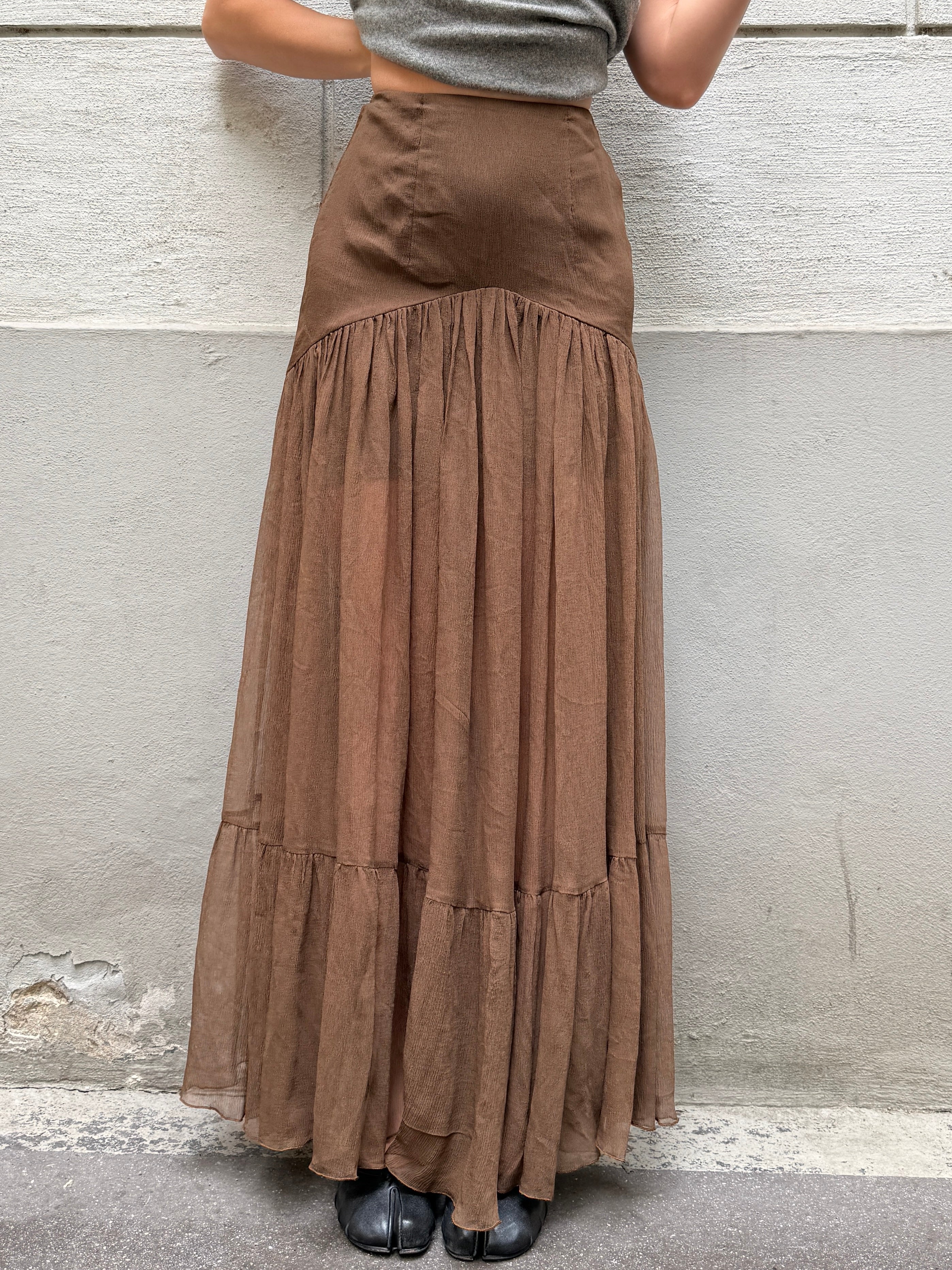Vintage 100% Silk Georgette Brown Maxi Skirt XS