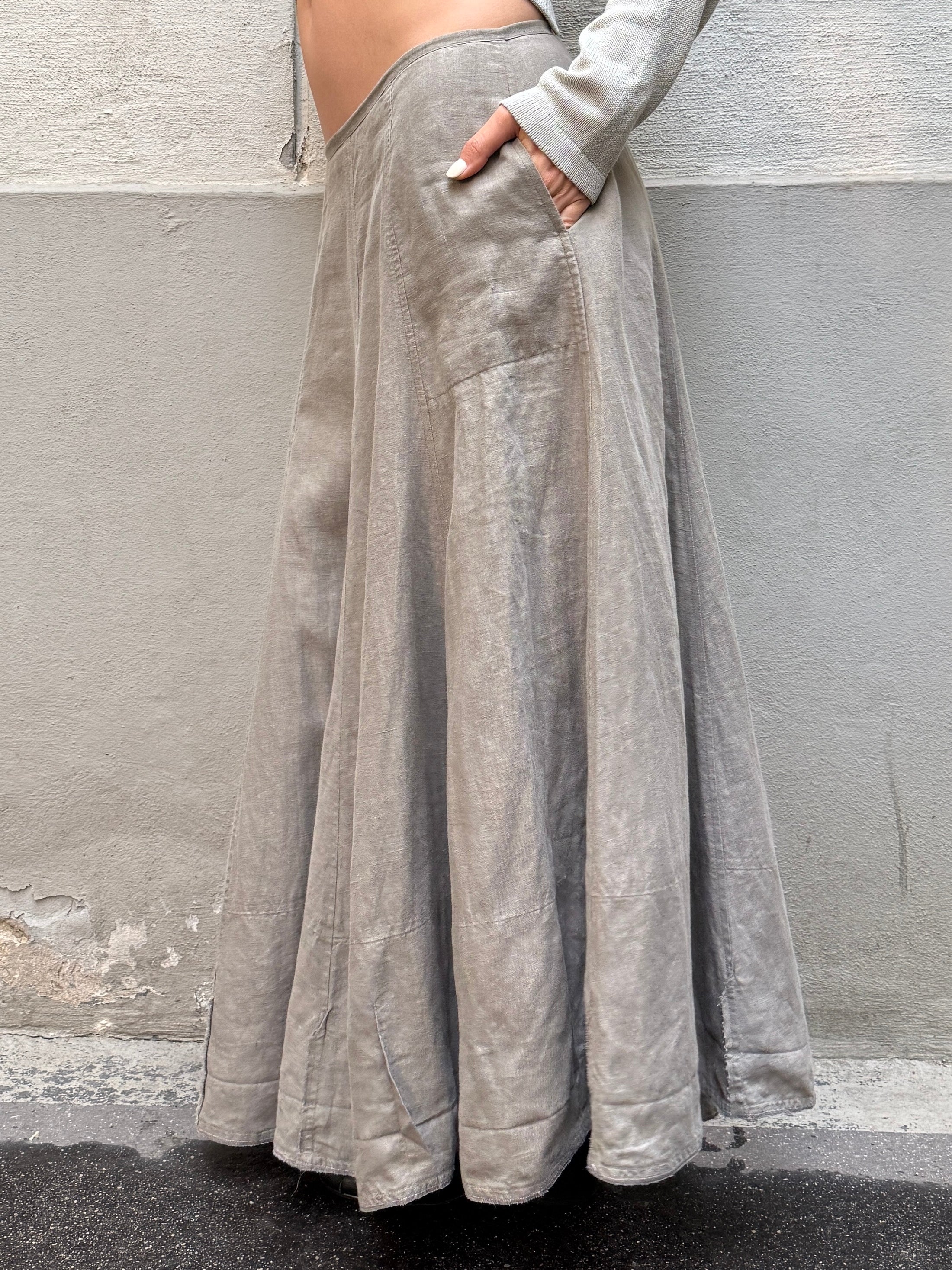 Vintage 100% Linen Gray Low Waist Maxi Skirt S