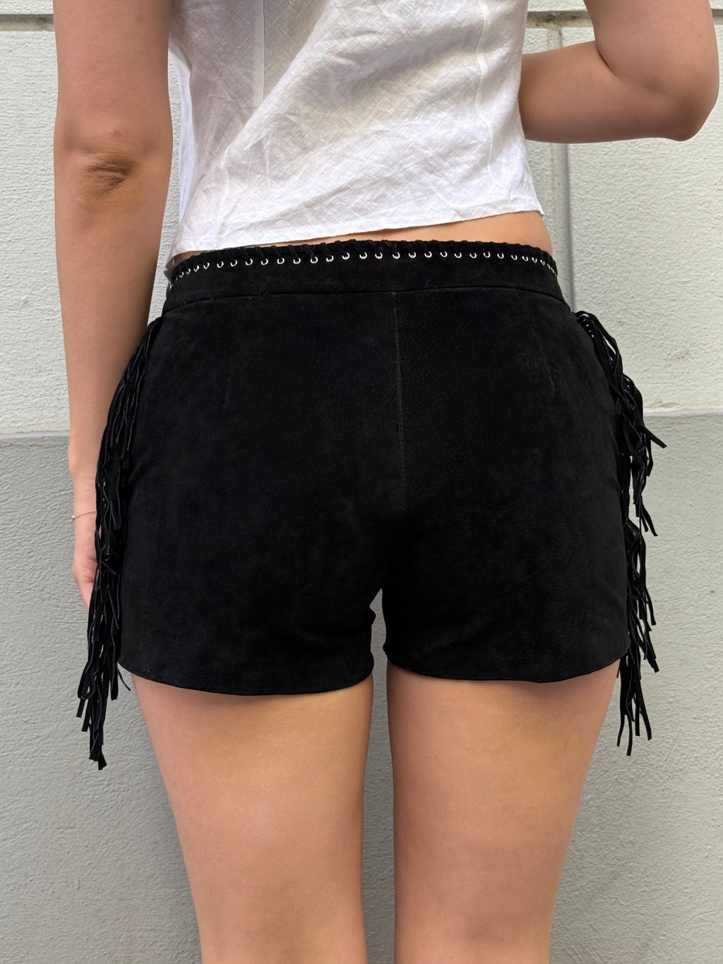 Vintage MNG 100% Genuine Leather Suede Black Tassel Shorts S