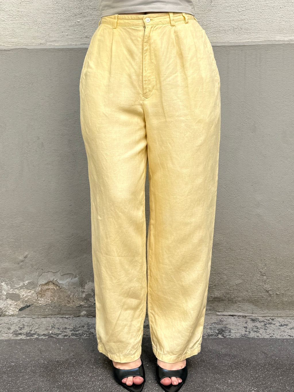 Vintage 100% Linen Butter Yellow Pastel High Waisted Trousers XS/S