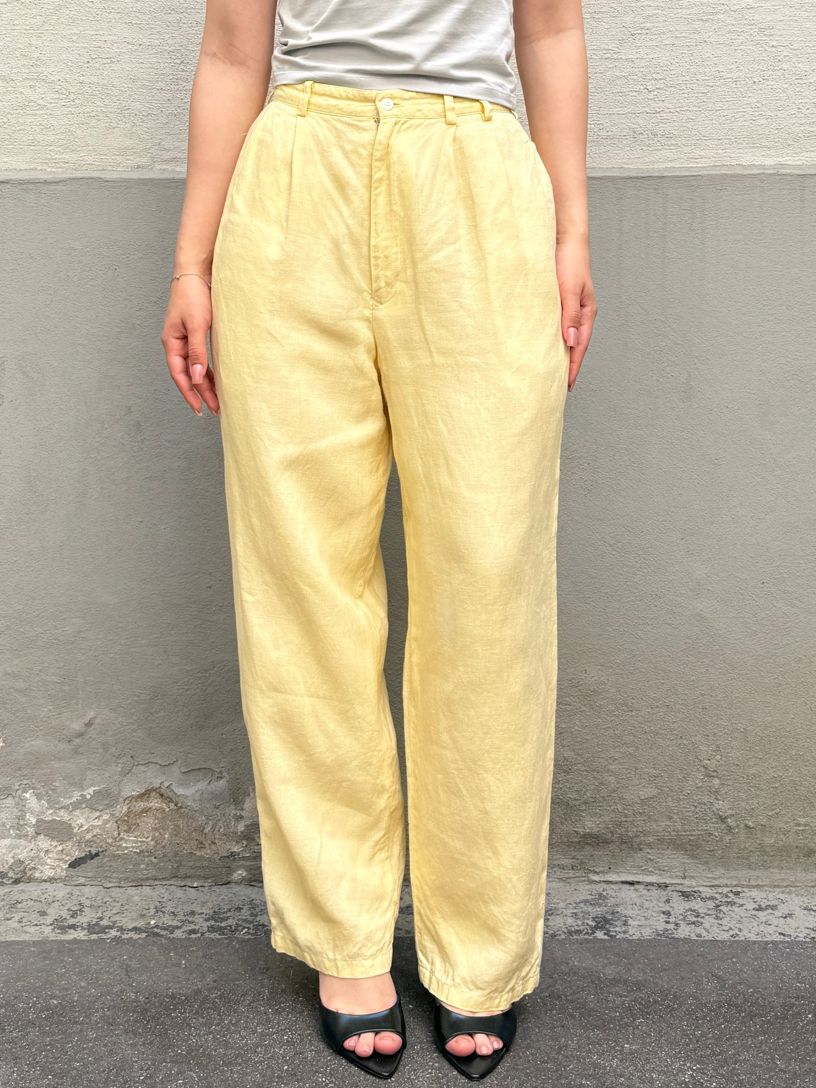 Vintage 100% Linen Butter Yellow Pastel High Waisted Trousers XS/S