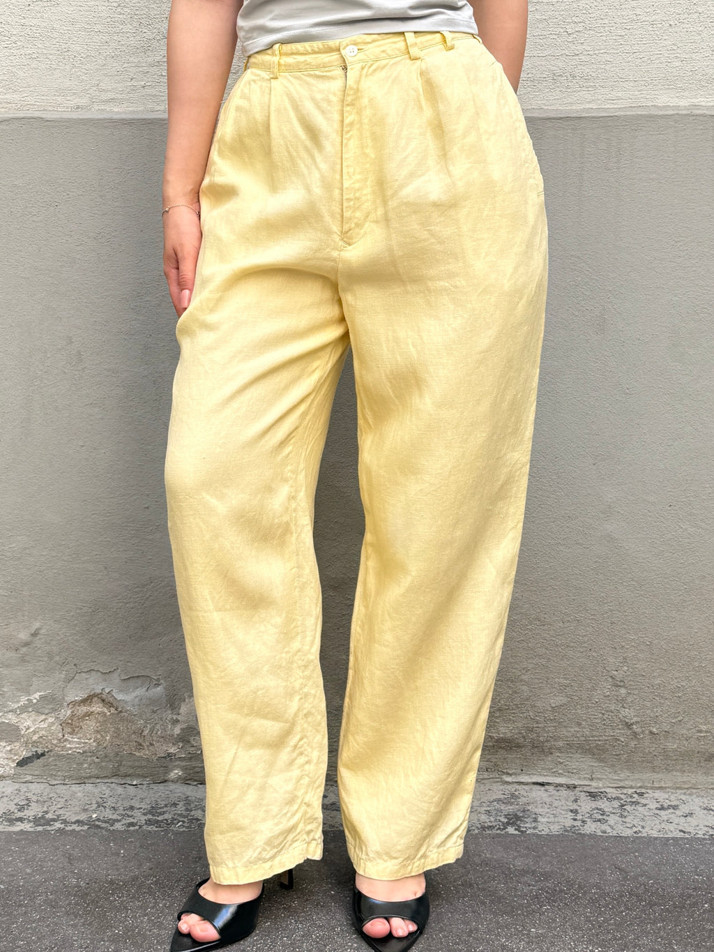 Vintage 100% Linen Butter Yellow Pastel High Waisted Trousers XS/S