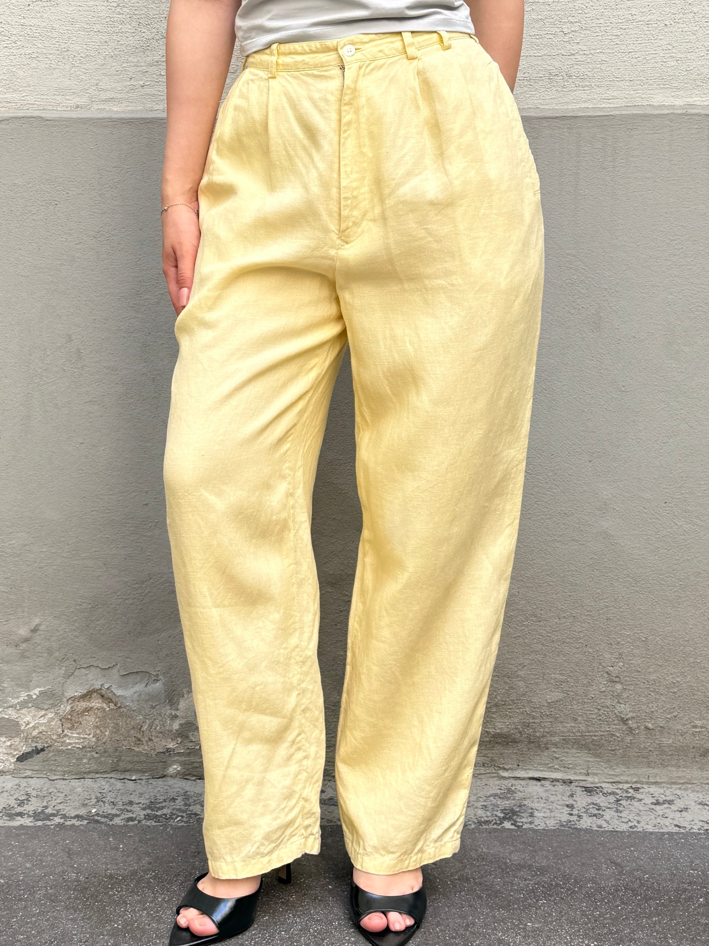 Vintage 100% Linen Butter Yellow Pastel High Waisted Trousers XS/S