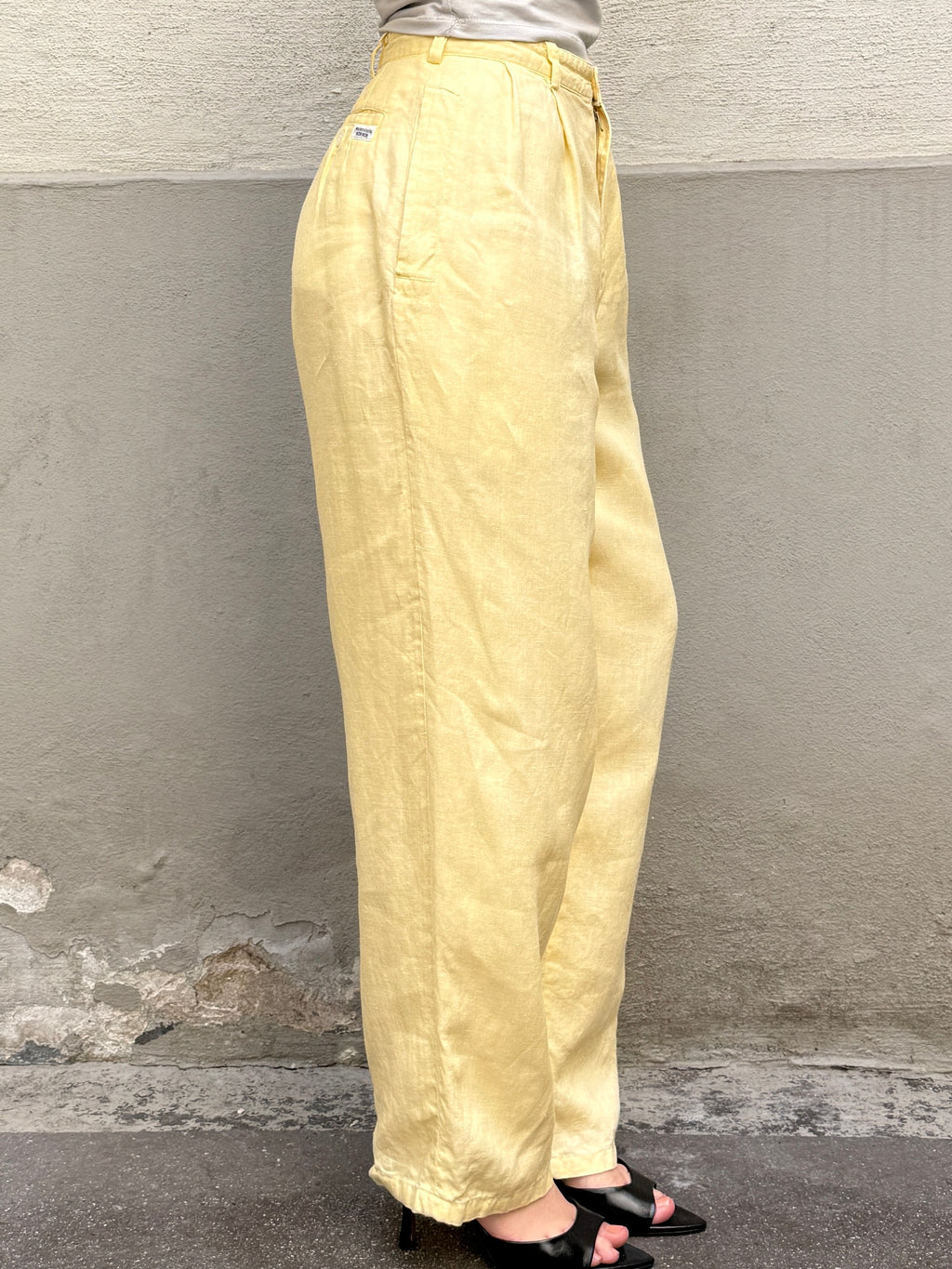 Vintage 100% Linen Butter Yellow Pastel High Waisted Trousers XS/S