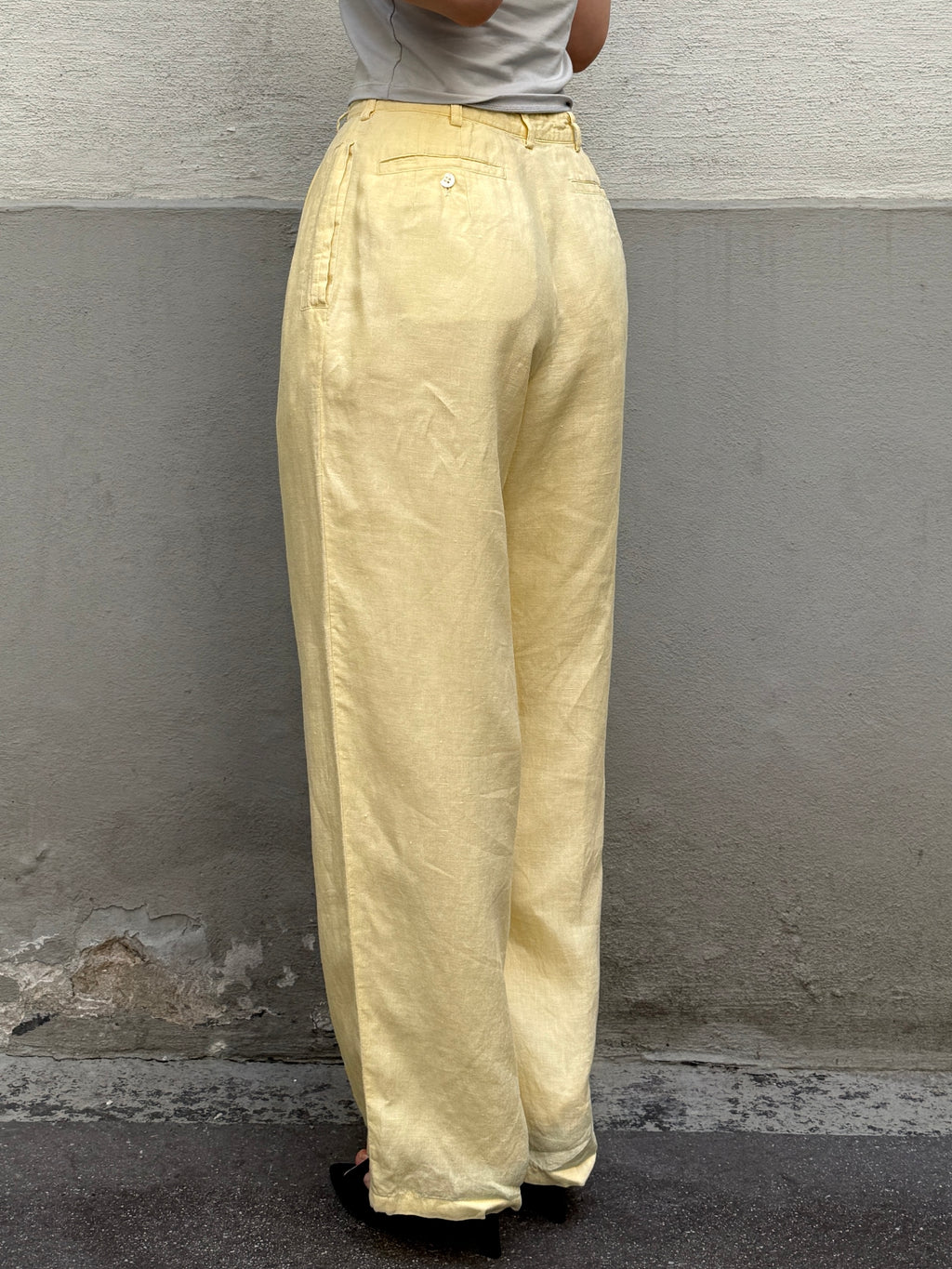 Vintage 100% Linen Butter Yellow Pastel High Waisted Trousers XS/S