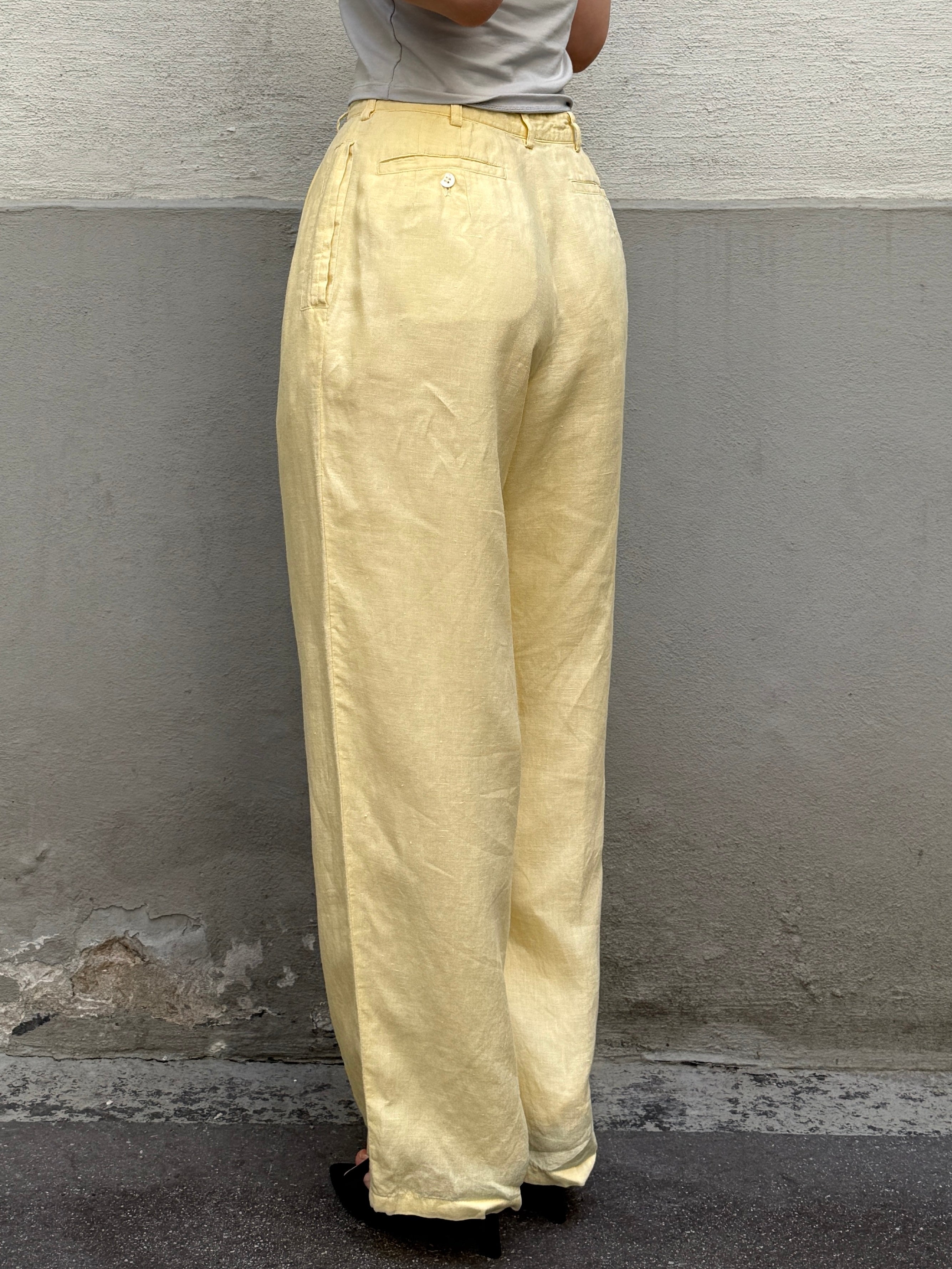 Vintage 100% Linen Butter Yellow Pastel High Waisted Trousers XS/S