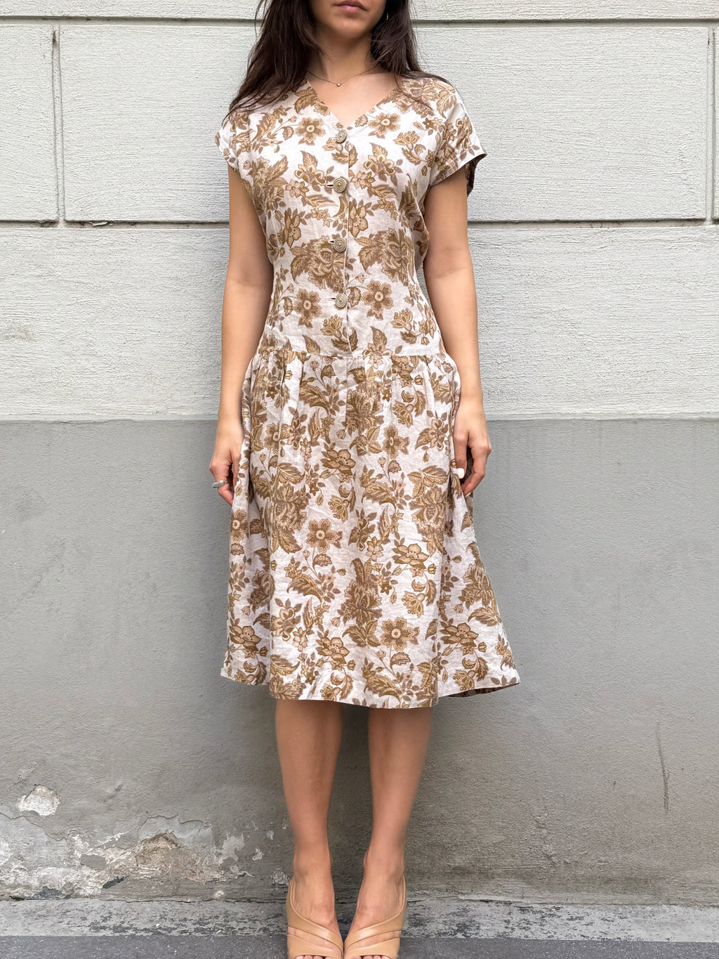 Vintage 100% Linen Floral Midi Dress M