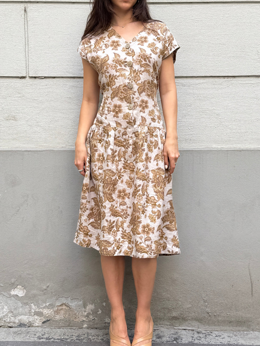 Vintage 100% Linen Floral Midi Dress M