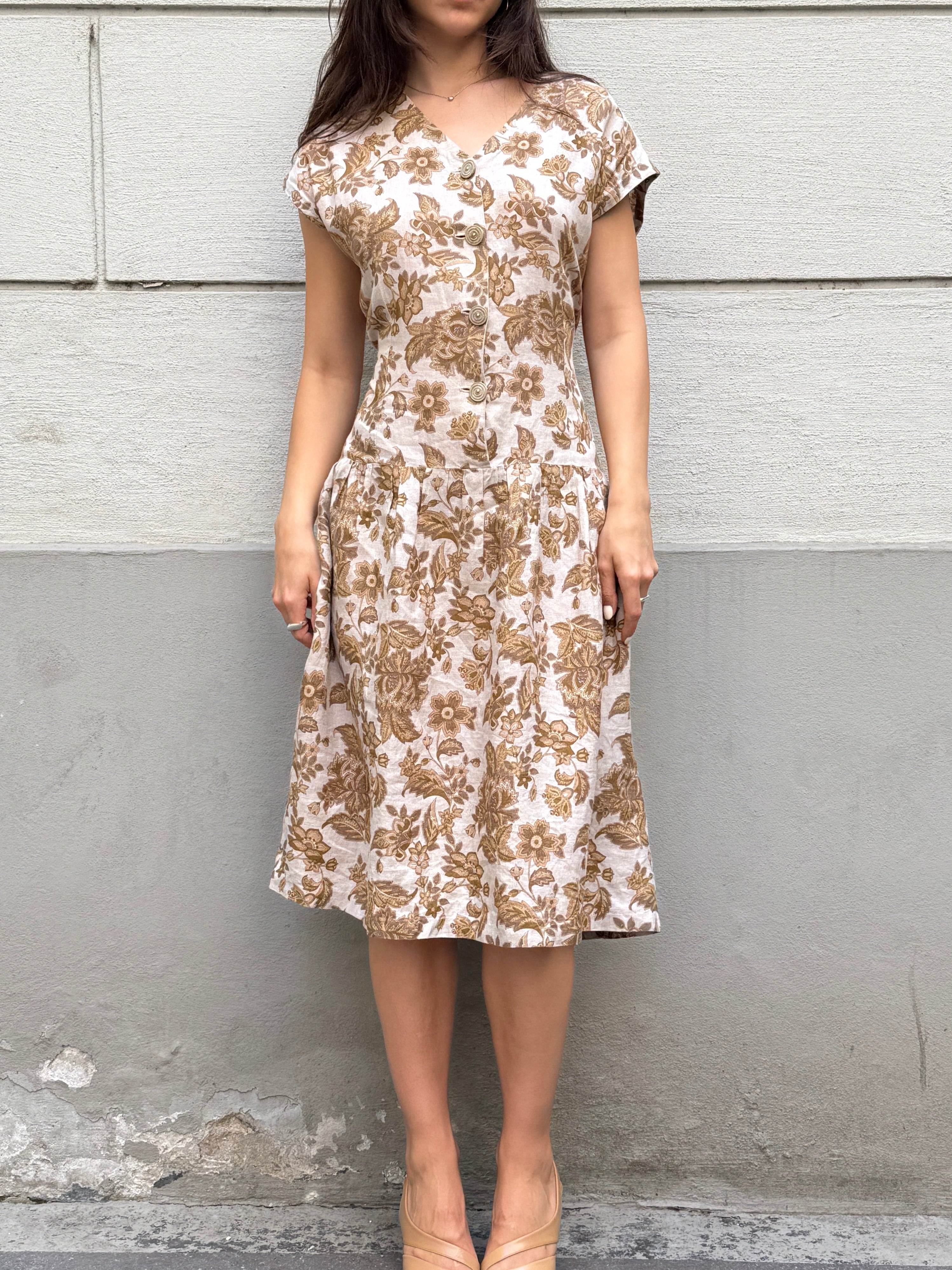 Vintage 100% Linen Floral Midi Dress M