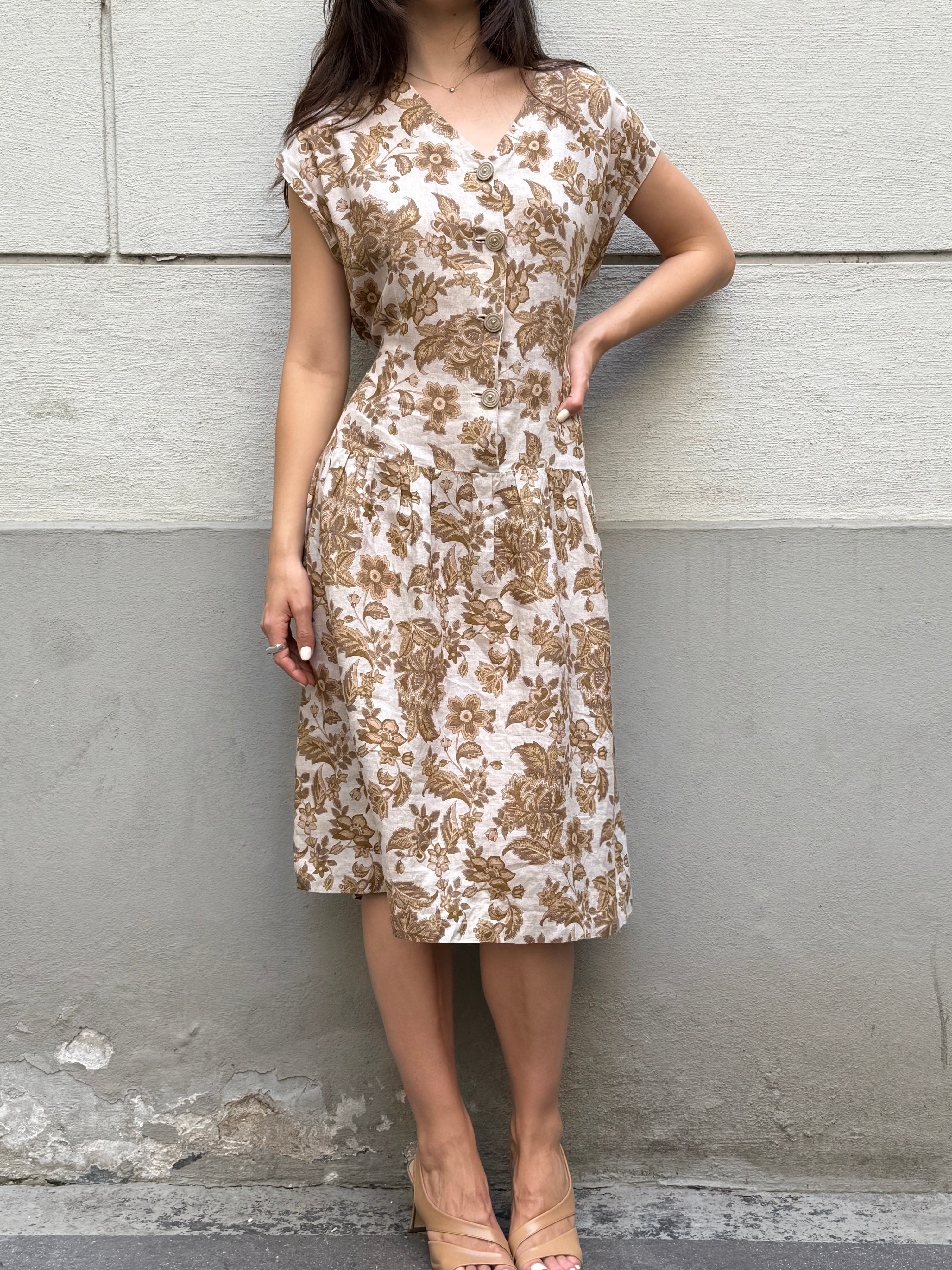 Vintage 100% Linen Floral Midi Dress M