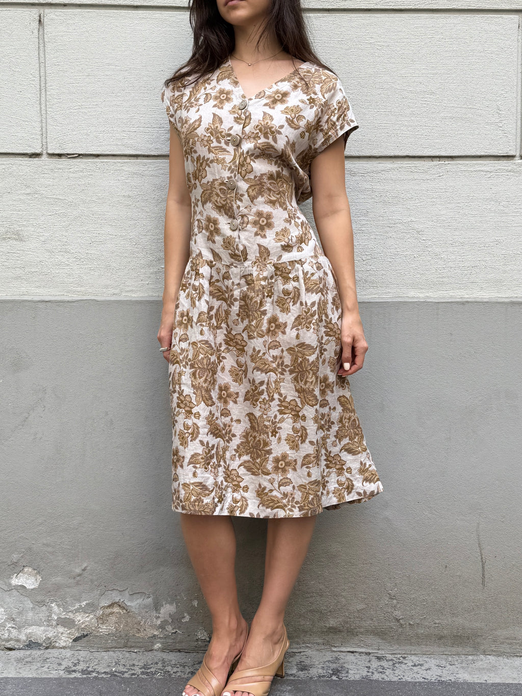 Vintage 100% Linen Floral Midi Dress M