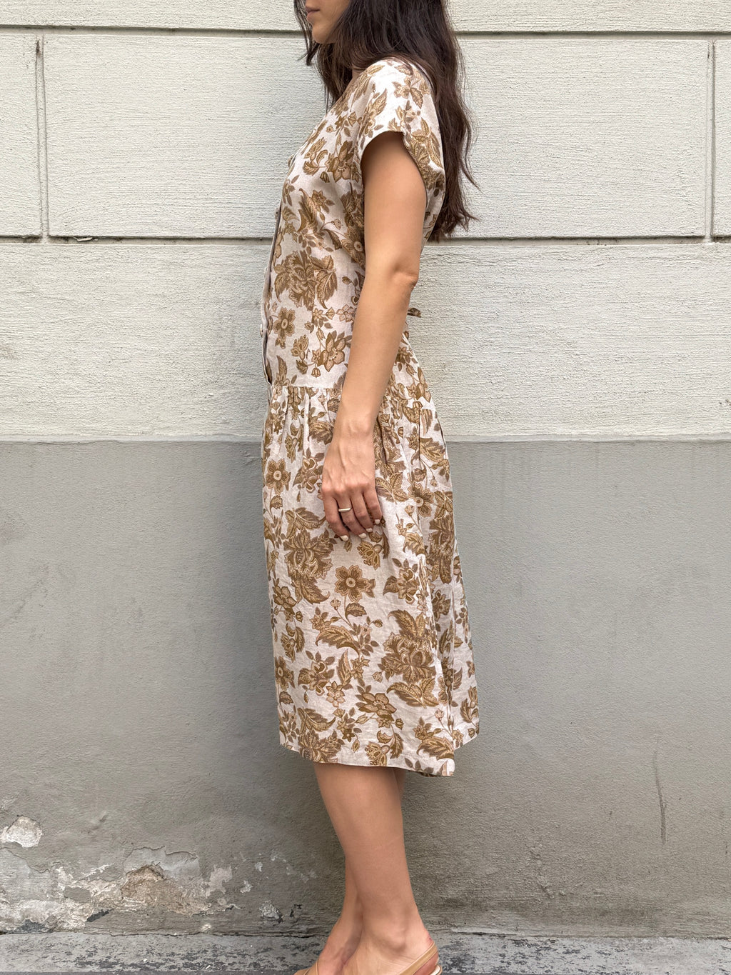 Vintage 100% Linen Floral Midi Dress M