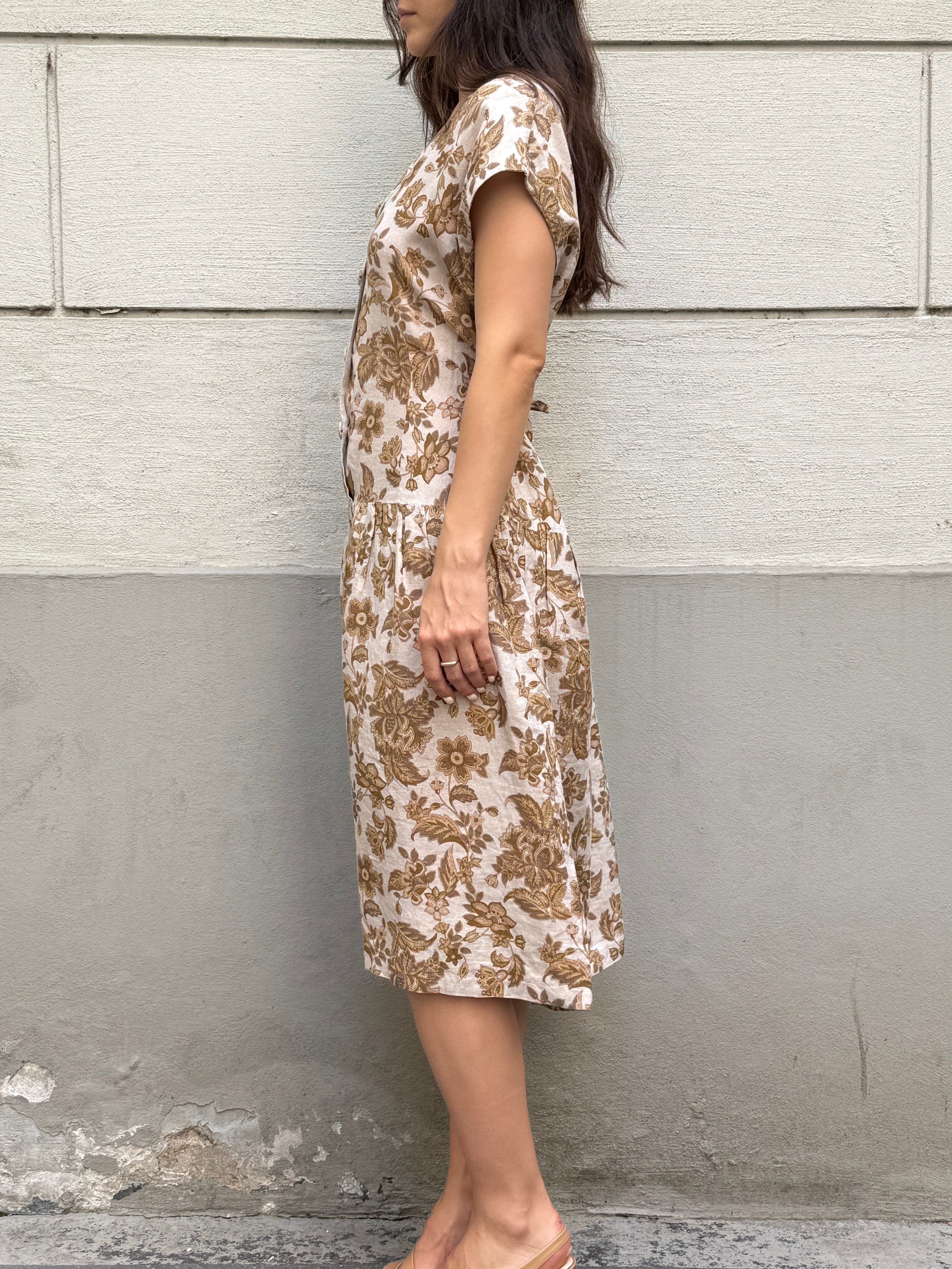 Vintage 100% Linen Floral Midi Dress M