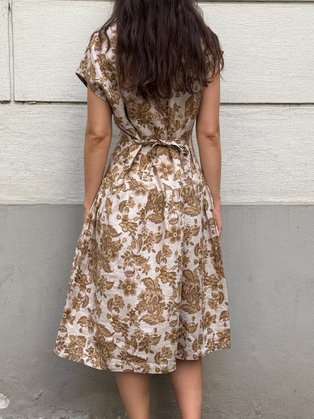 Vintage 100% Linen Floral Midi Dress M