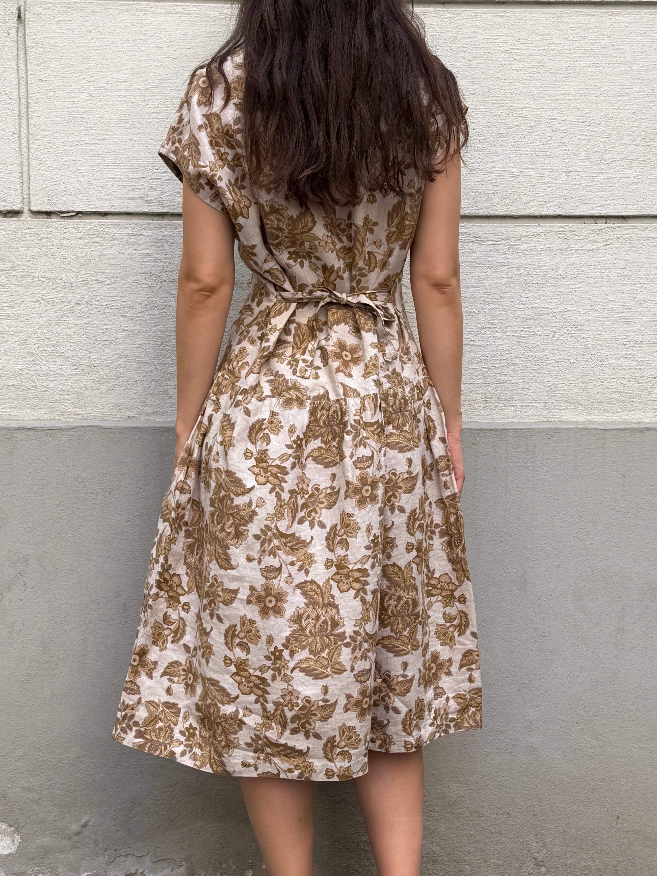 Vintage 100% Linen Floral Midi Dress M