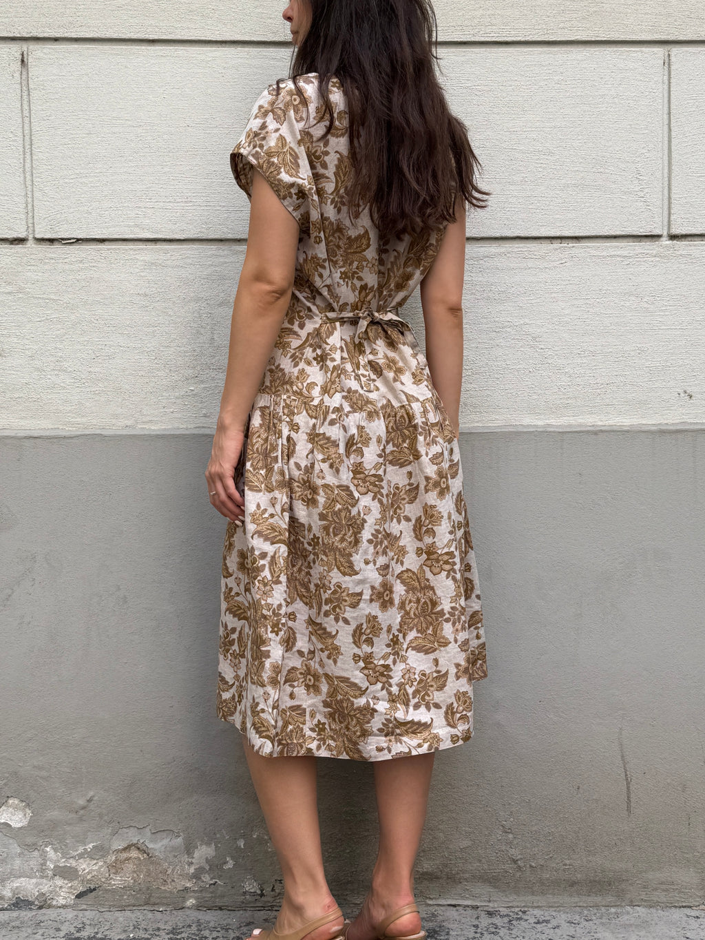 Vintage 100% Linen Floral Midi Dress M
