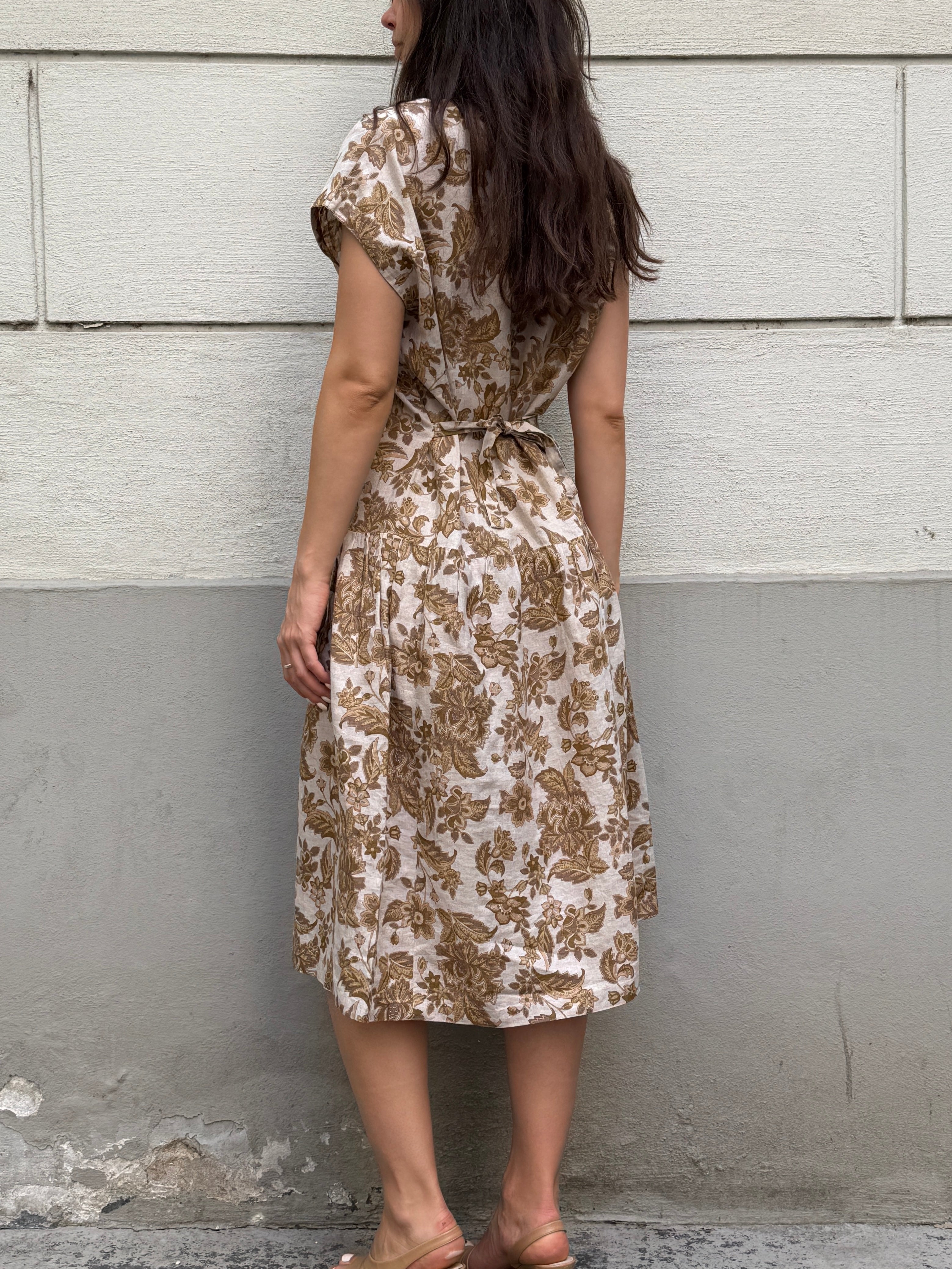 Vintage 100% Linen Floral Midi Dress M