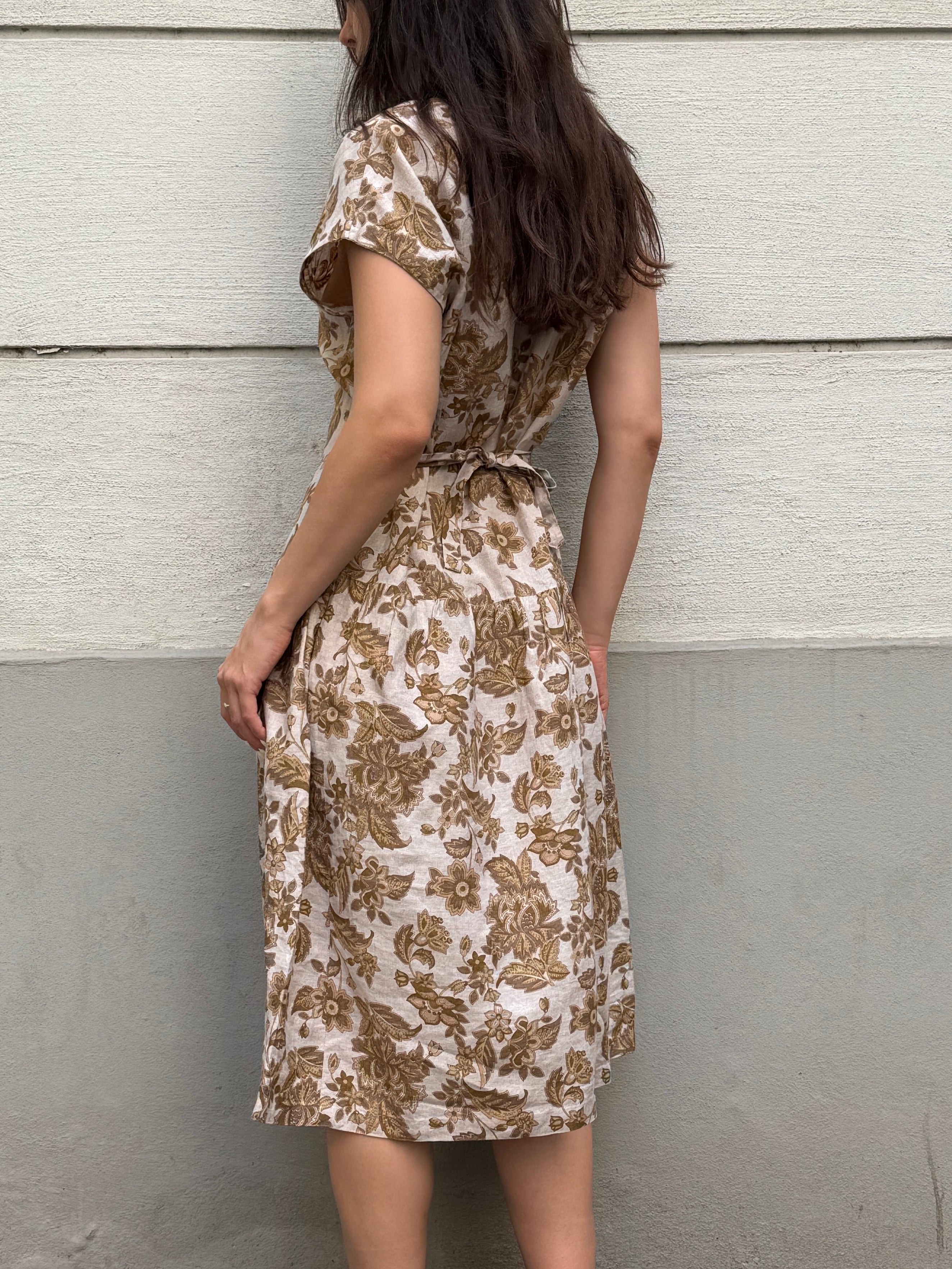 Vintage 100% Linen Floral Midi Dress M