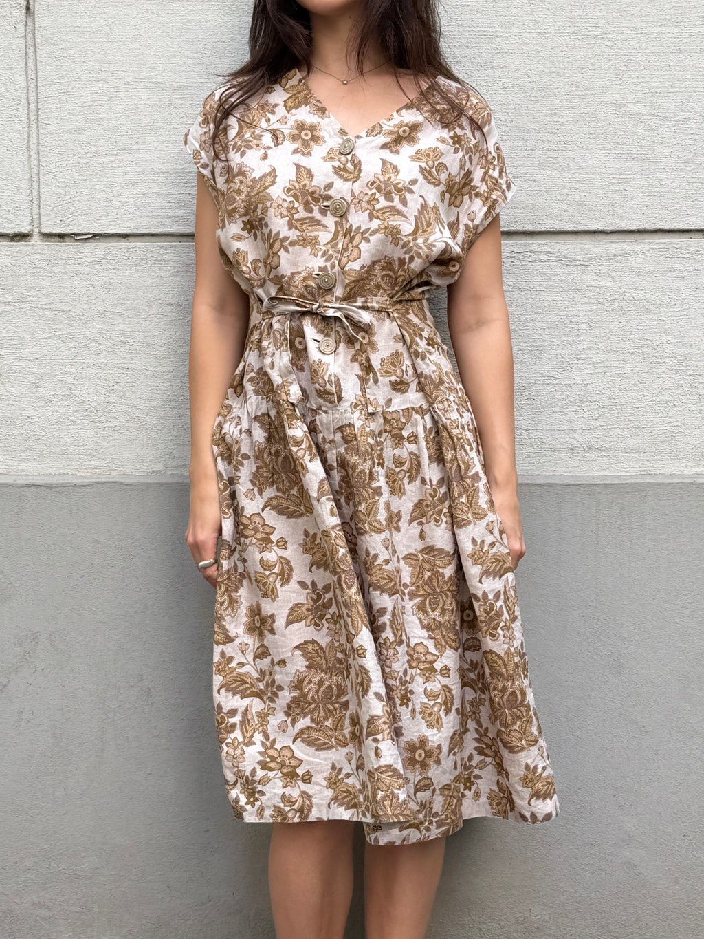 Vintage 100% Linen Floral Midi Dress M