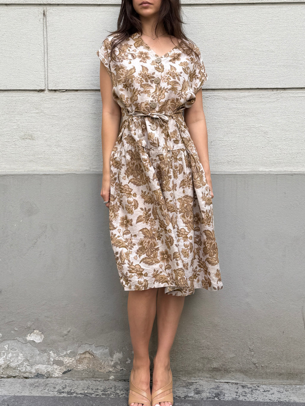 Vintage 100% Linen Floral Midi Dress M