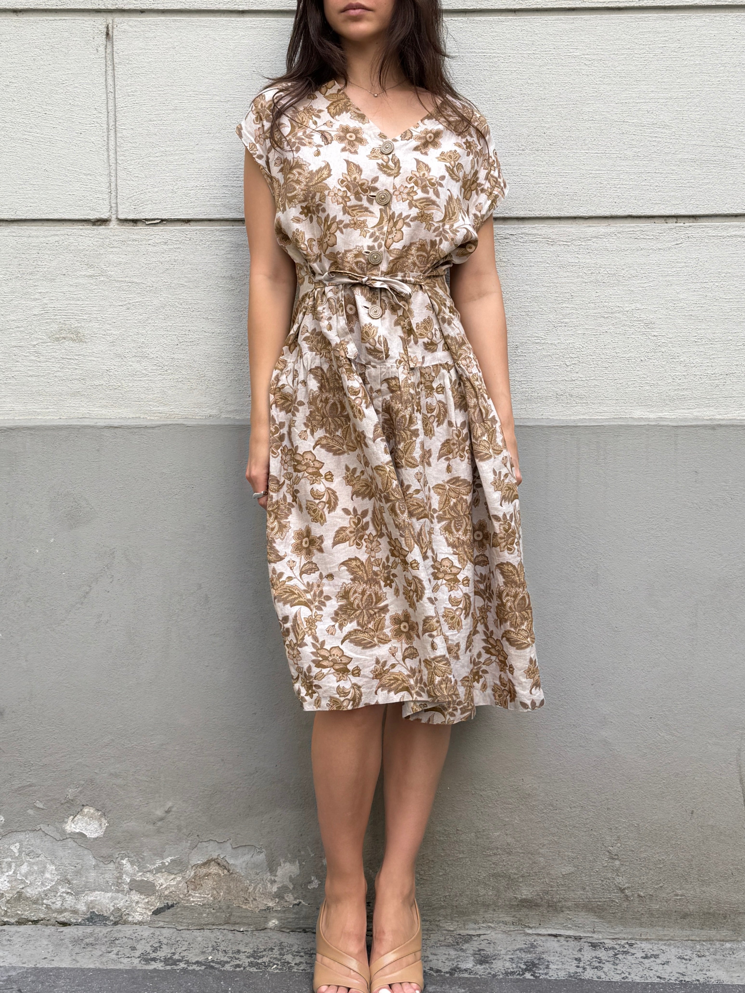 Vintage 100% Linen Floral Midi Dress M