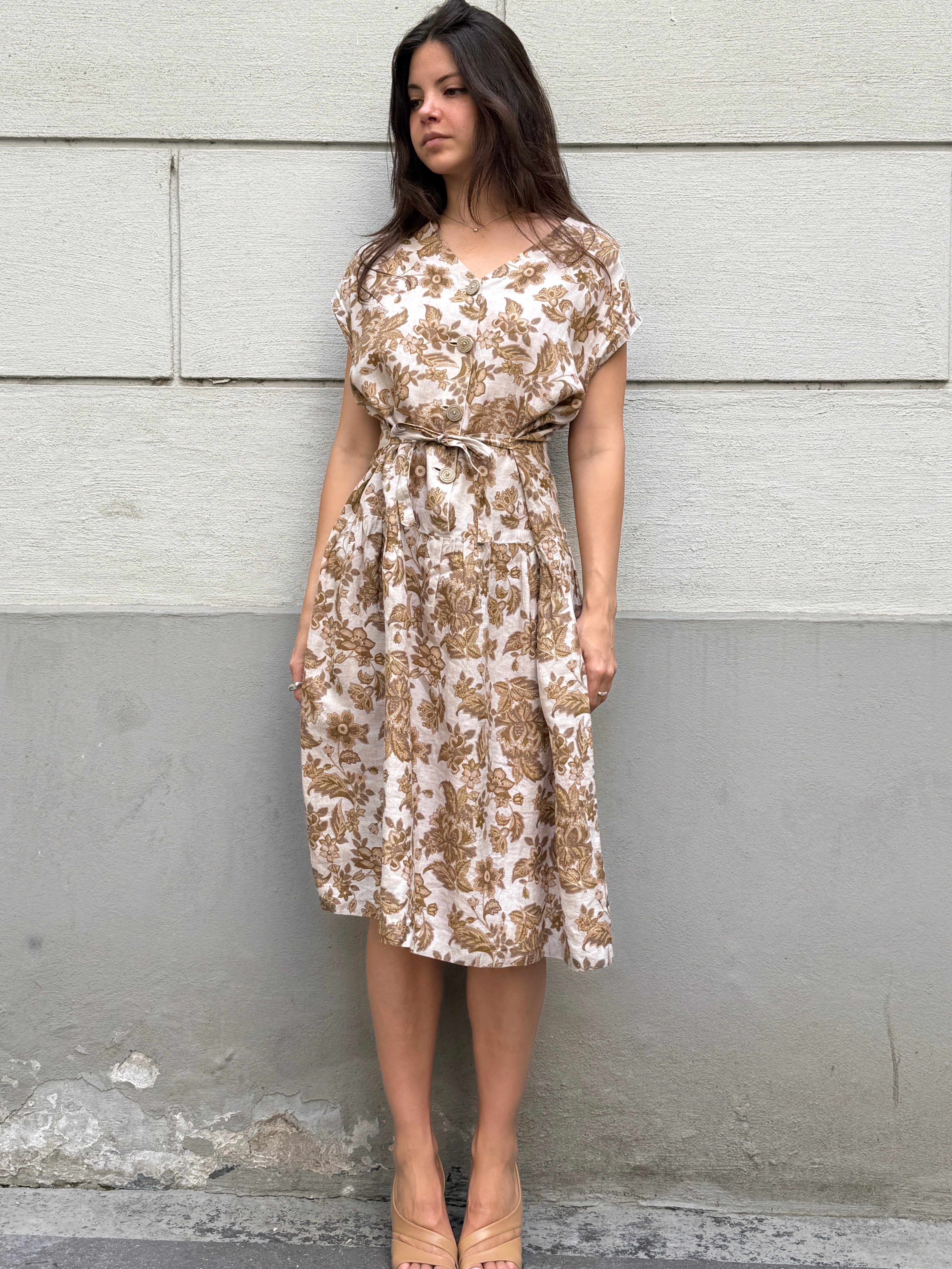 Vintage 100% Linen Floral Midi Dress M