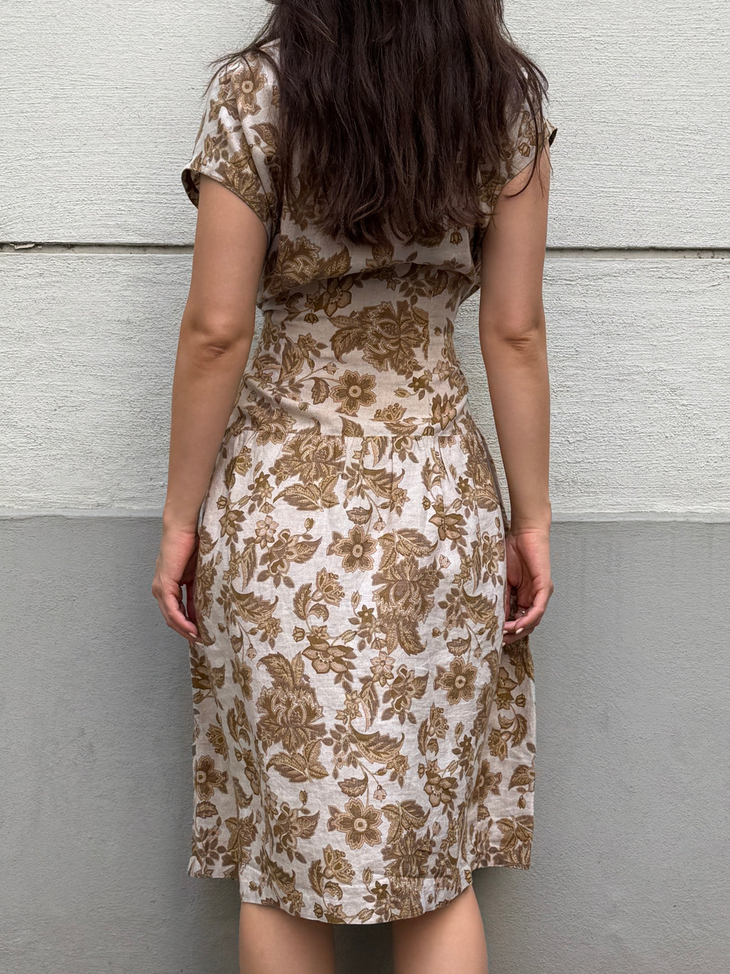 Vintage 100% Linen Floral Midi Dress M