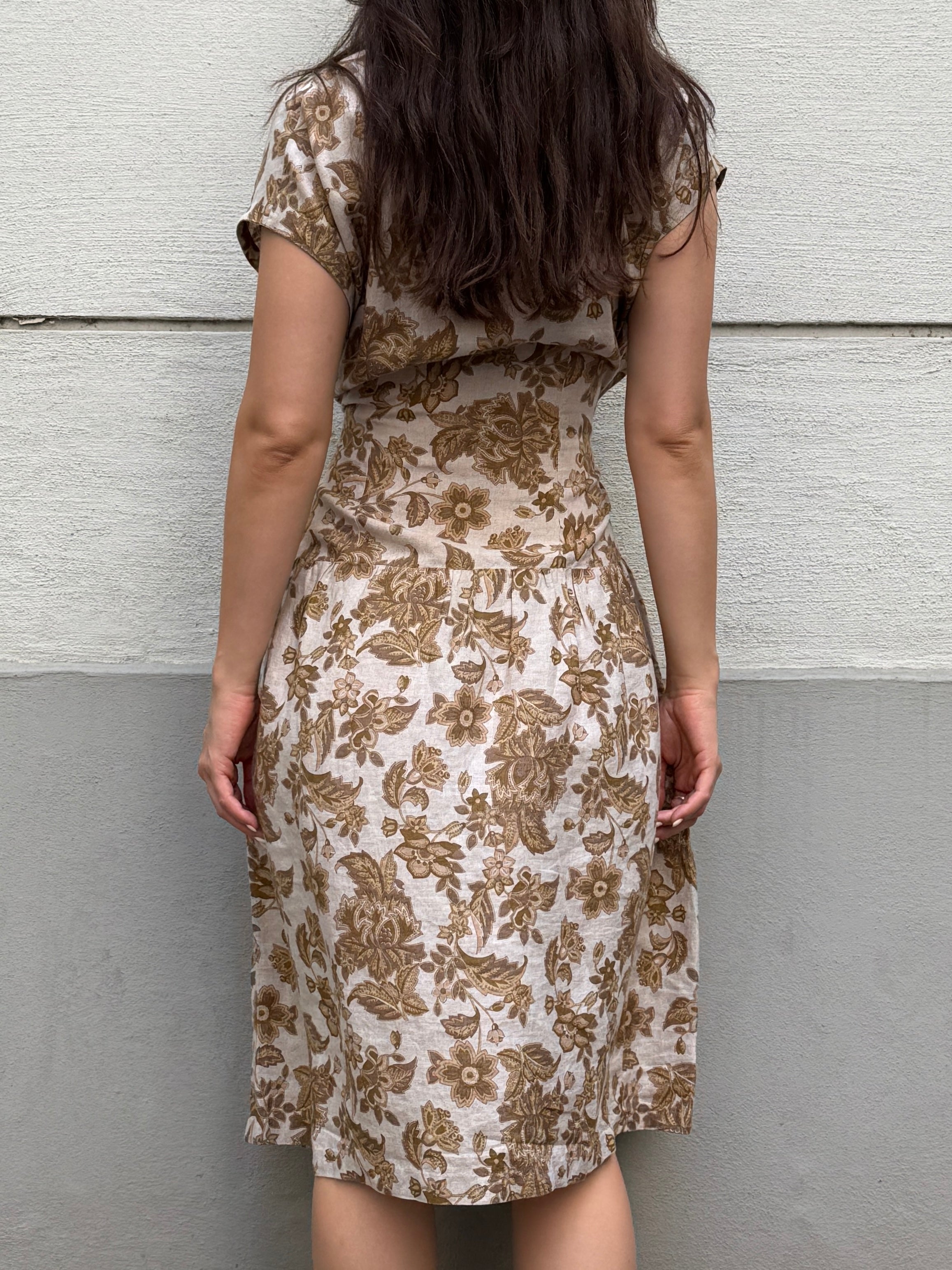 Vintage 100% Linen Floral Midi Dress M
