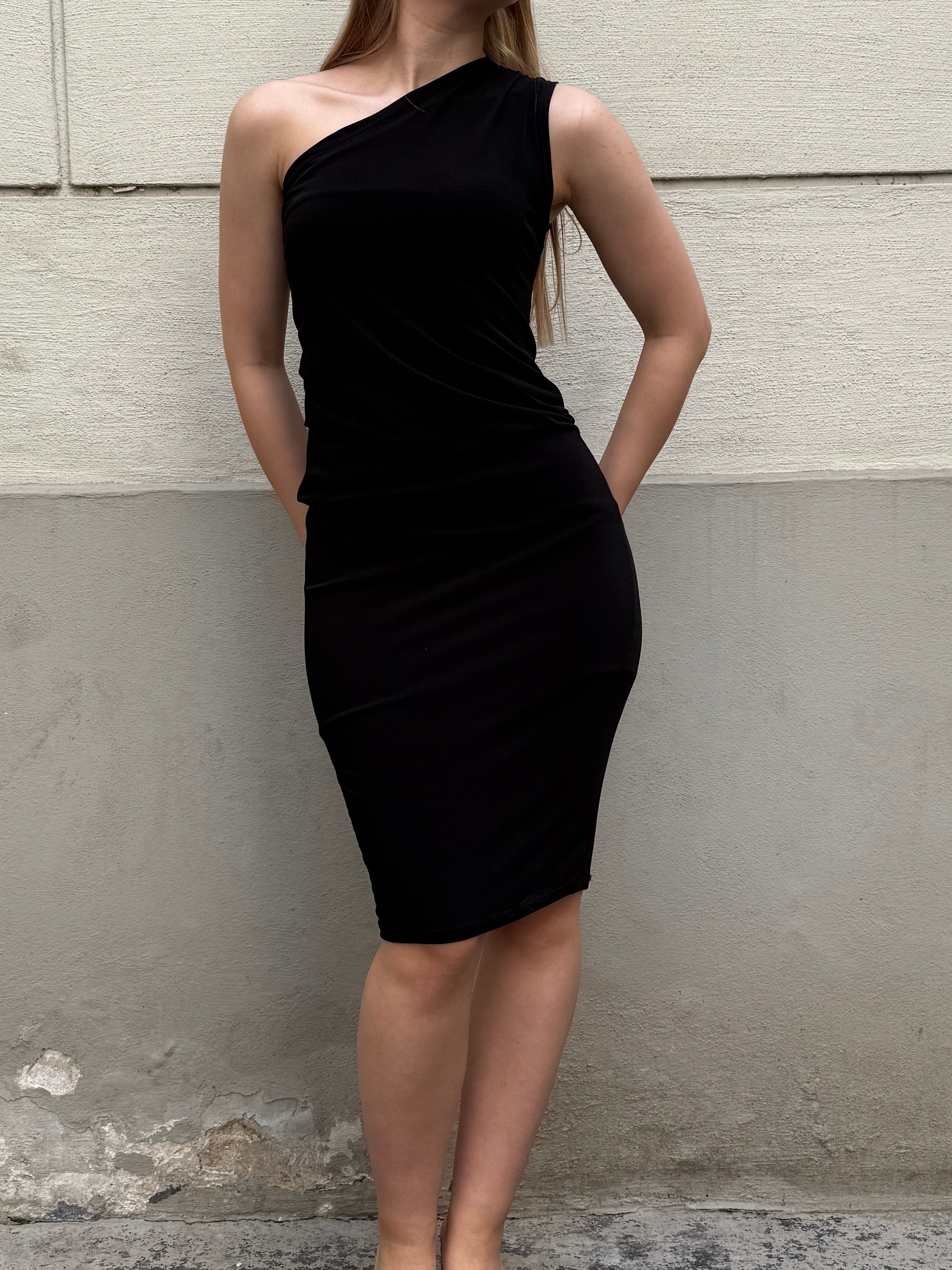 Vintage Black Asymmetrical One Shoulder Mini Dress S