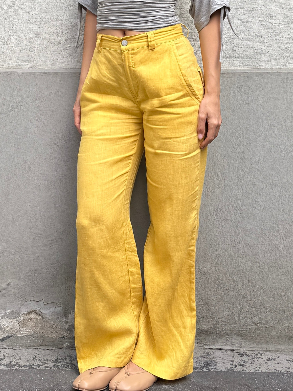 Vintage 100% Linen Bright Yellow Wide Leg Trousers S
