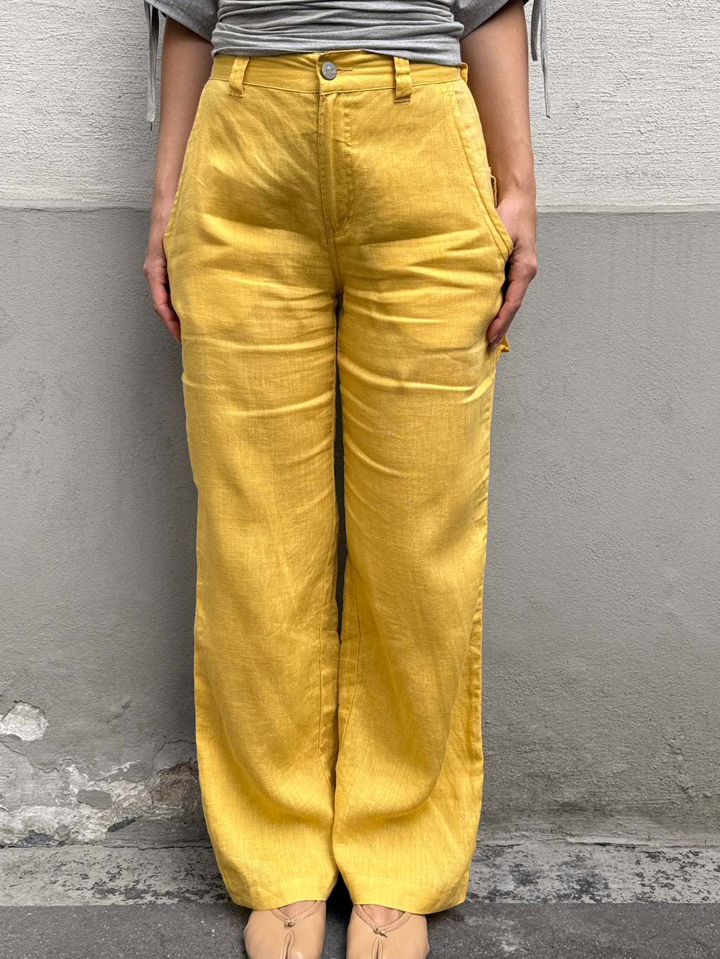 Vintage 100% Linen Bright Yellow Wide Leg Trousers S