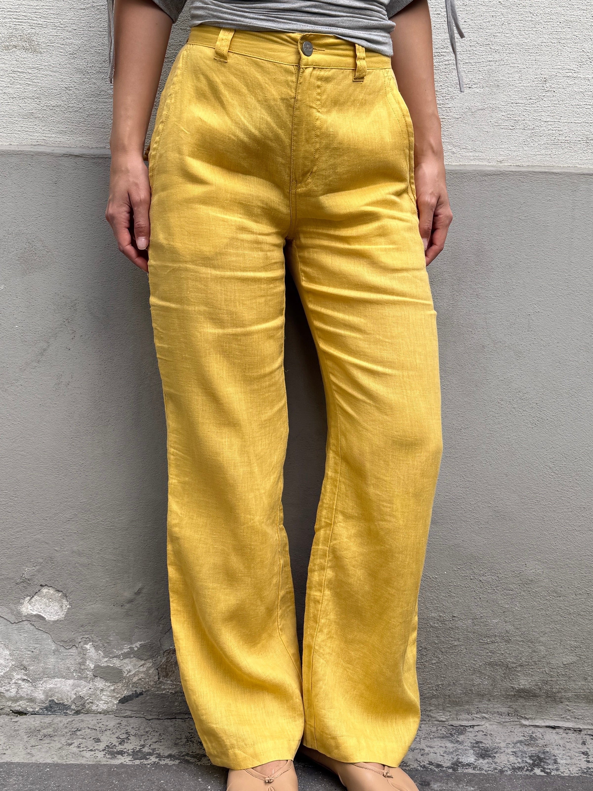 Vintage 100% Linen Bright Yellow Wide Leg Trousers S