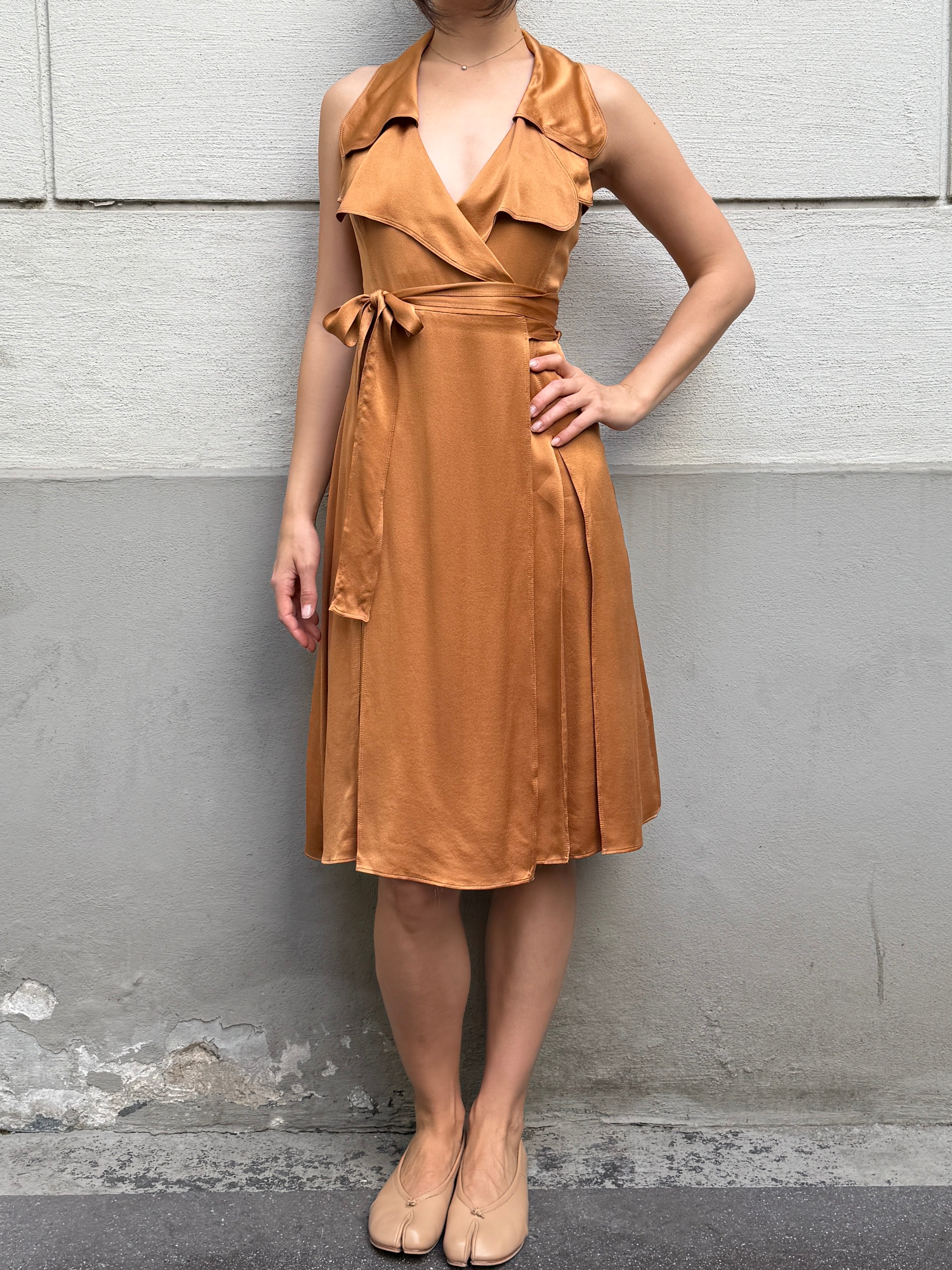 Burberry 100% Silk Congac Copper Wrap Dress M