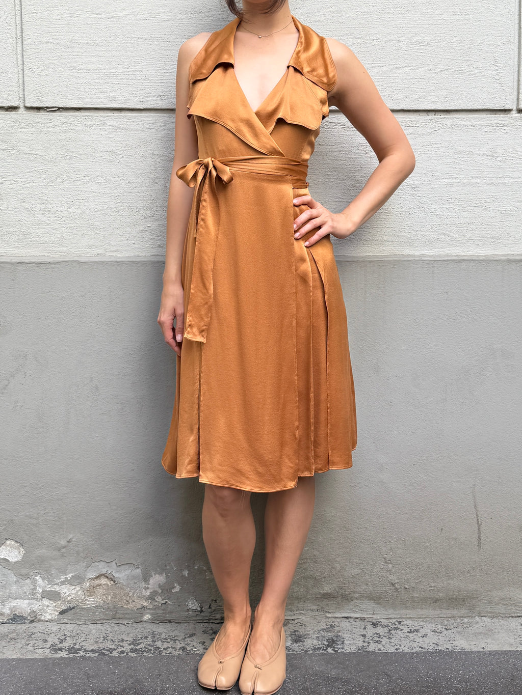 Burberry 100% Silk Congac Copper Wrap Dress M
