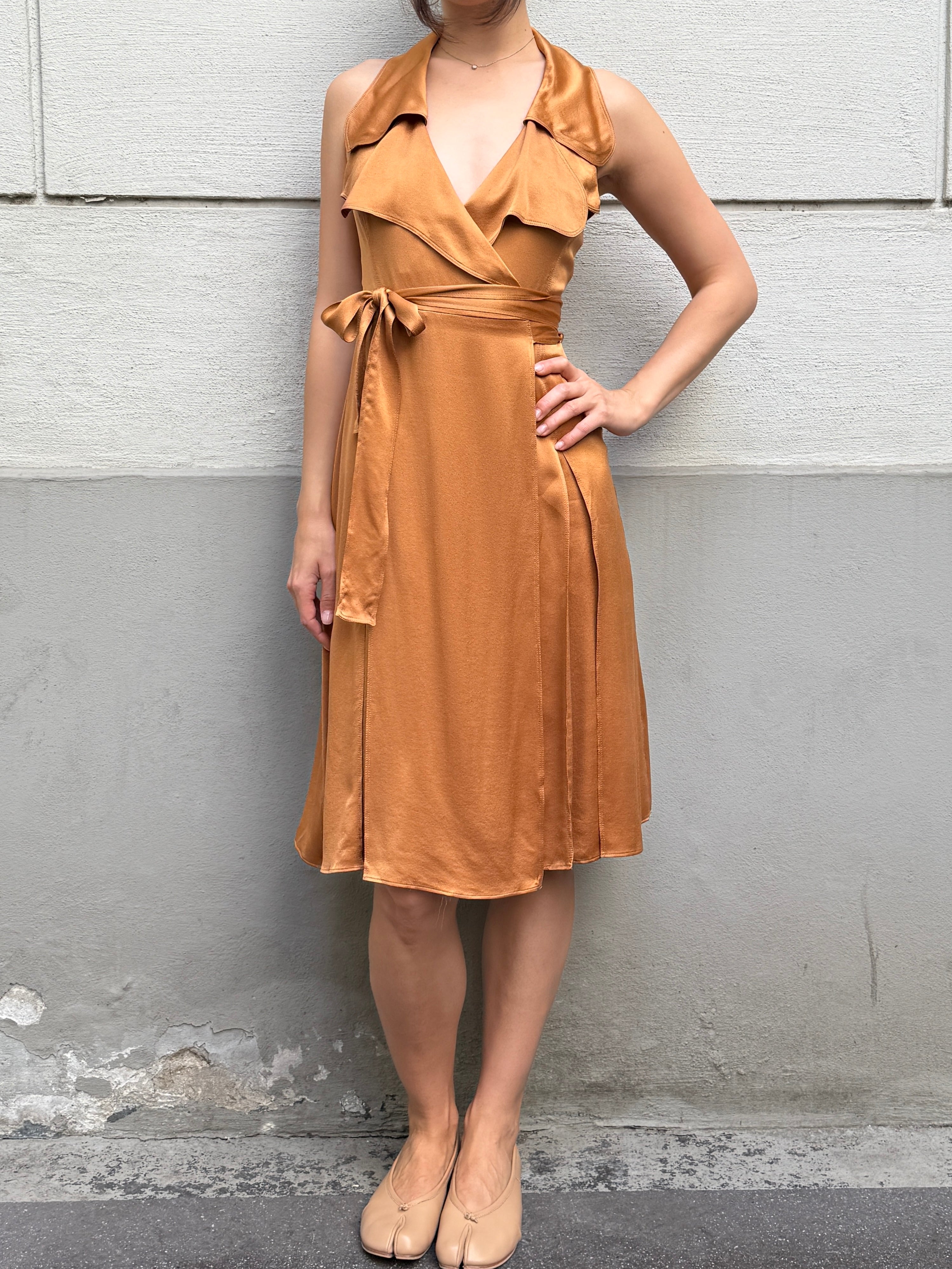 Burberry 100% Silk Congac Copper Wrap Dress M