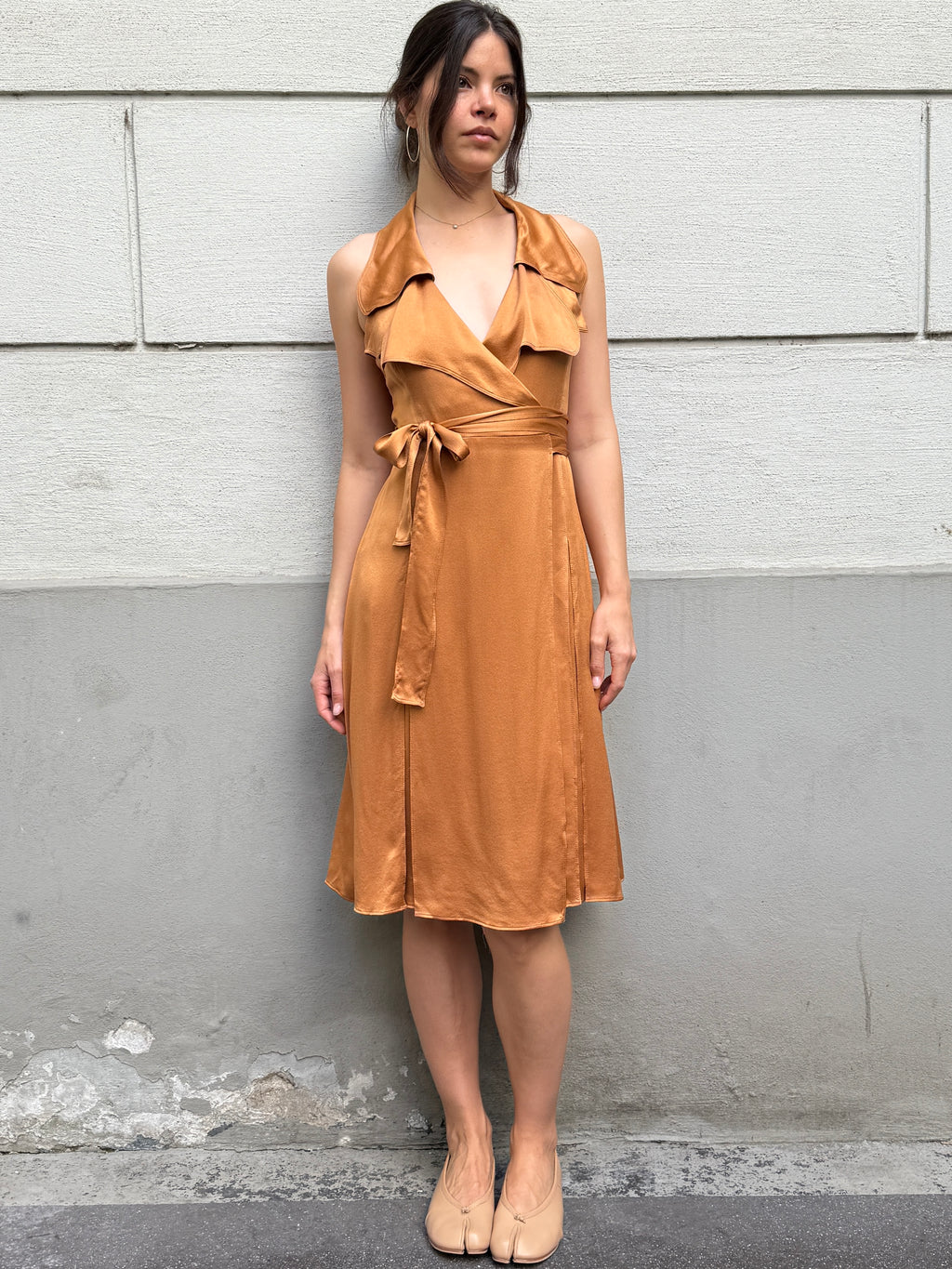 Burberry 100% Silk Congac Copper Wrap Dress M