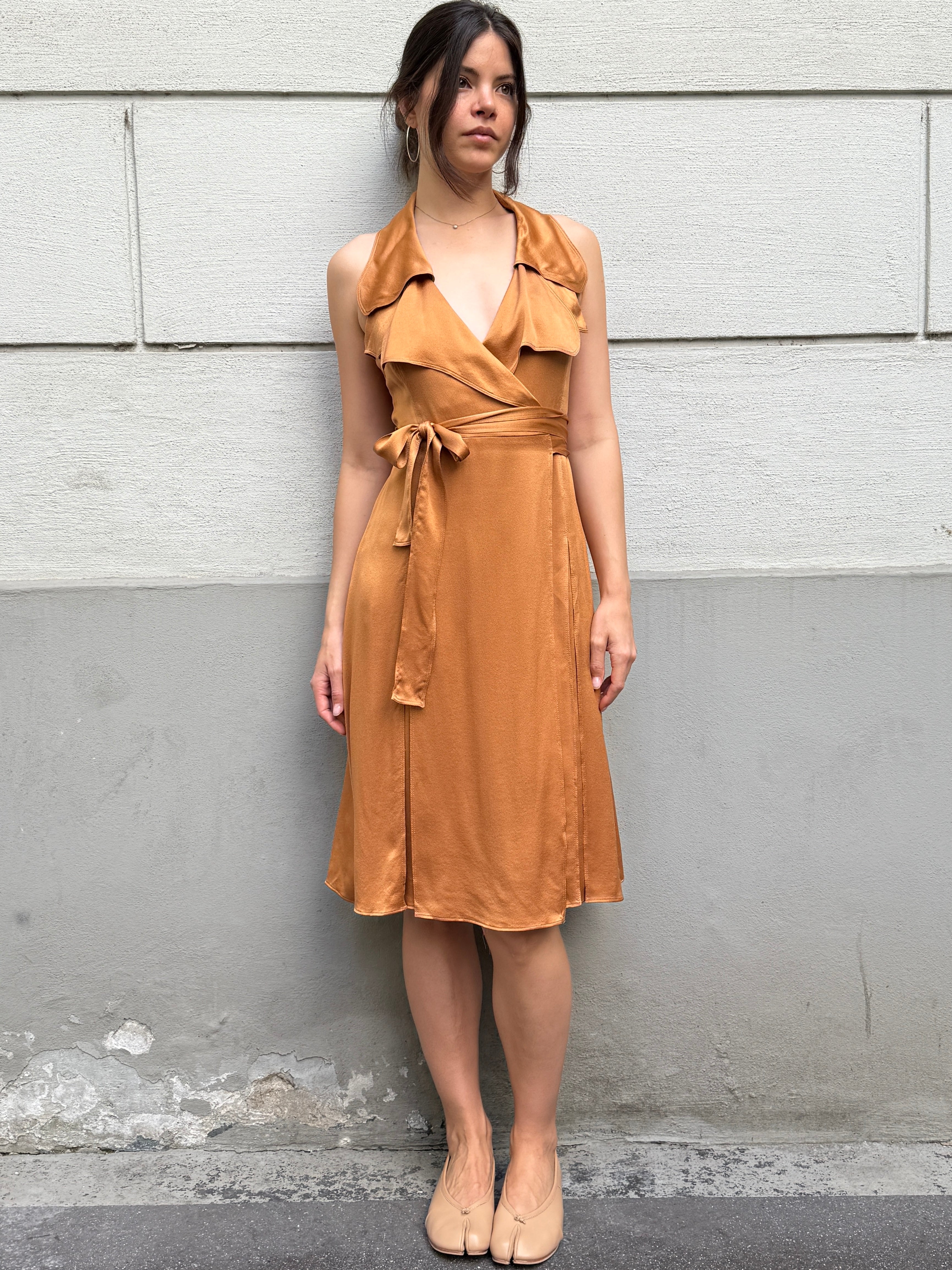 Burberry 100% Silk Congac Copper Wrap Dress M