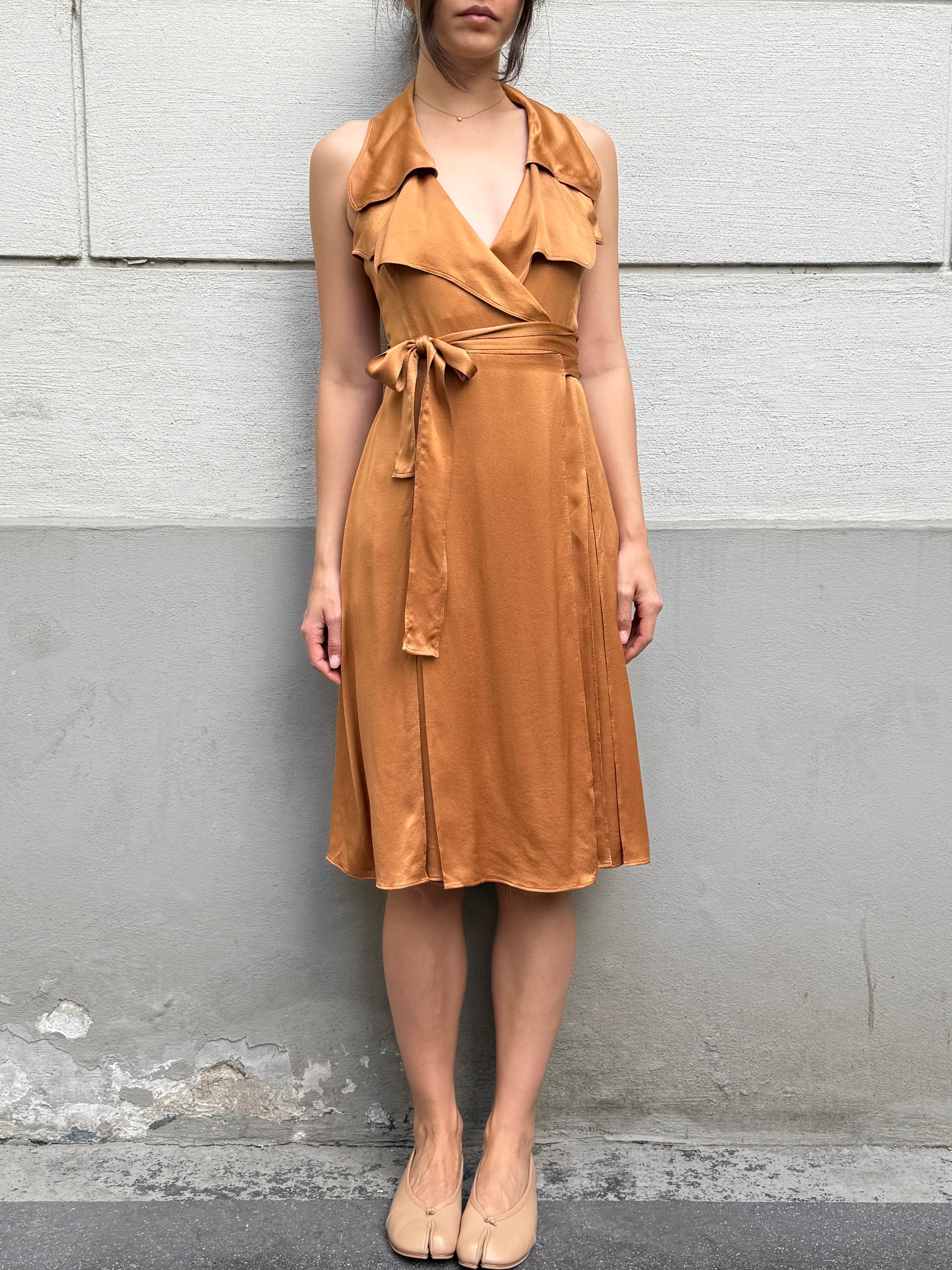 Burberry 100% Silk Congac Copper Wrap Dress M