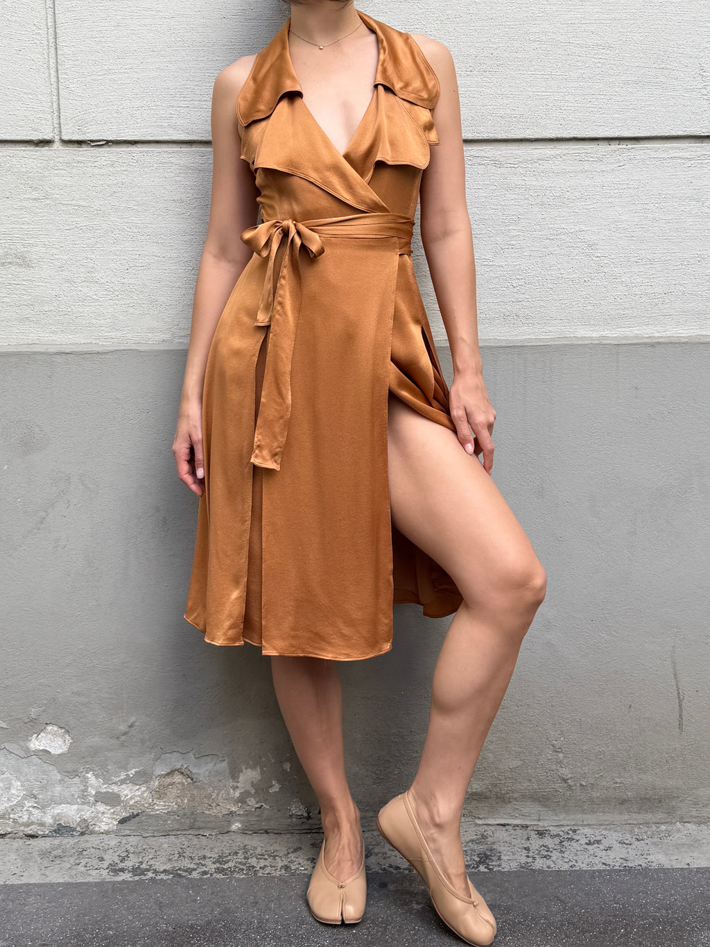Burberry 100% Silk Congac Copper Wrap Dress M
