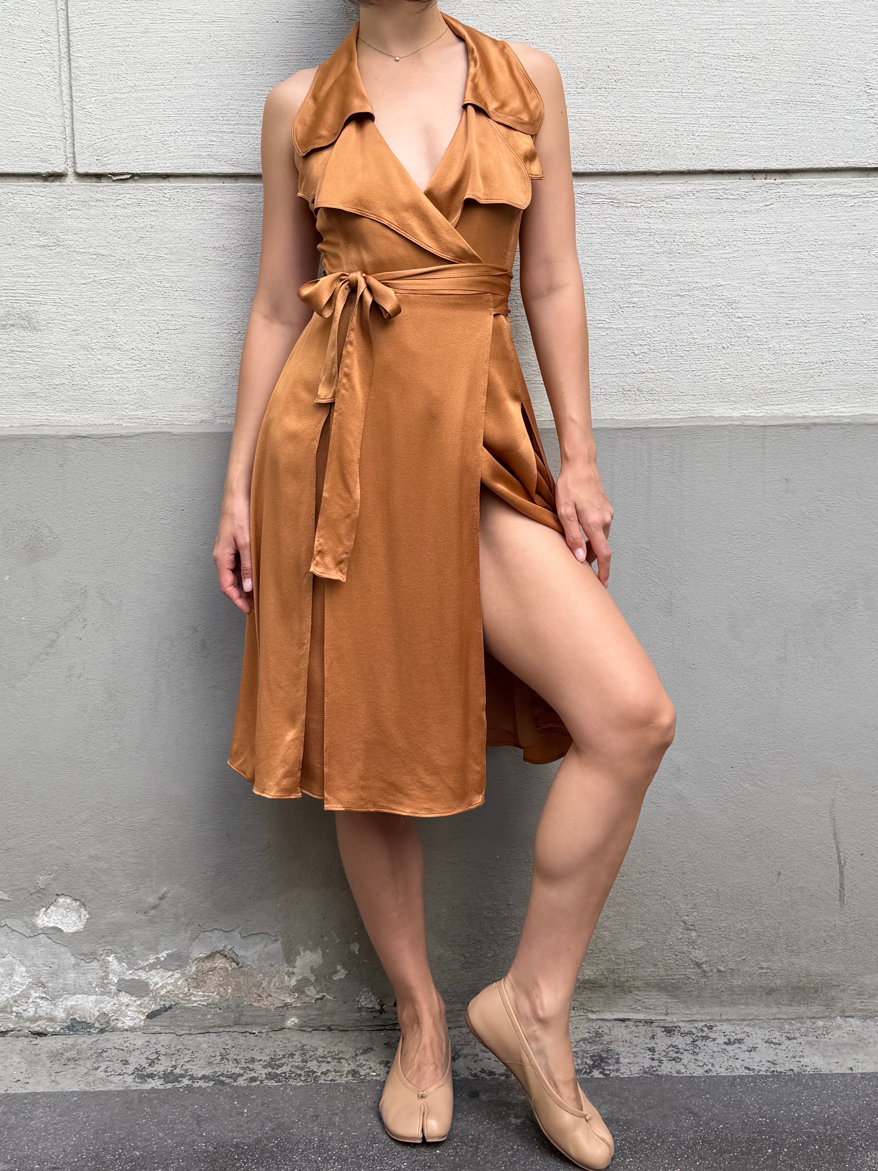 Burberry 100% Silk Congac Copper Wrap Dress M