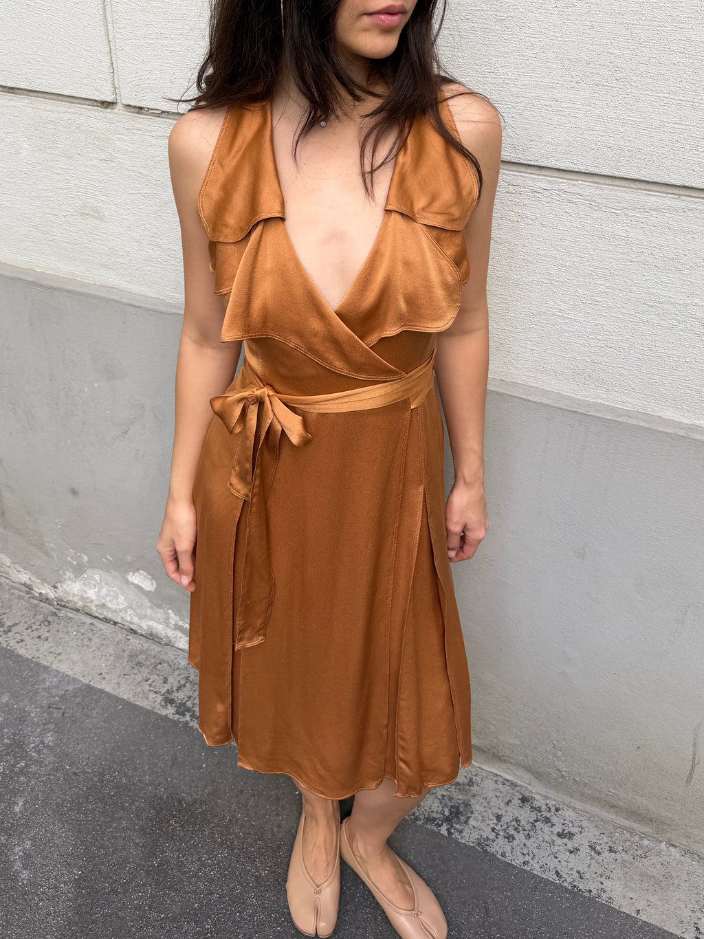 Burberry 100% Silk Congac Copper Wrap Dress M