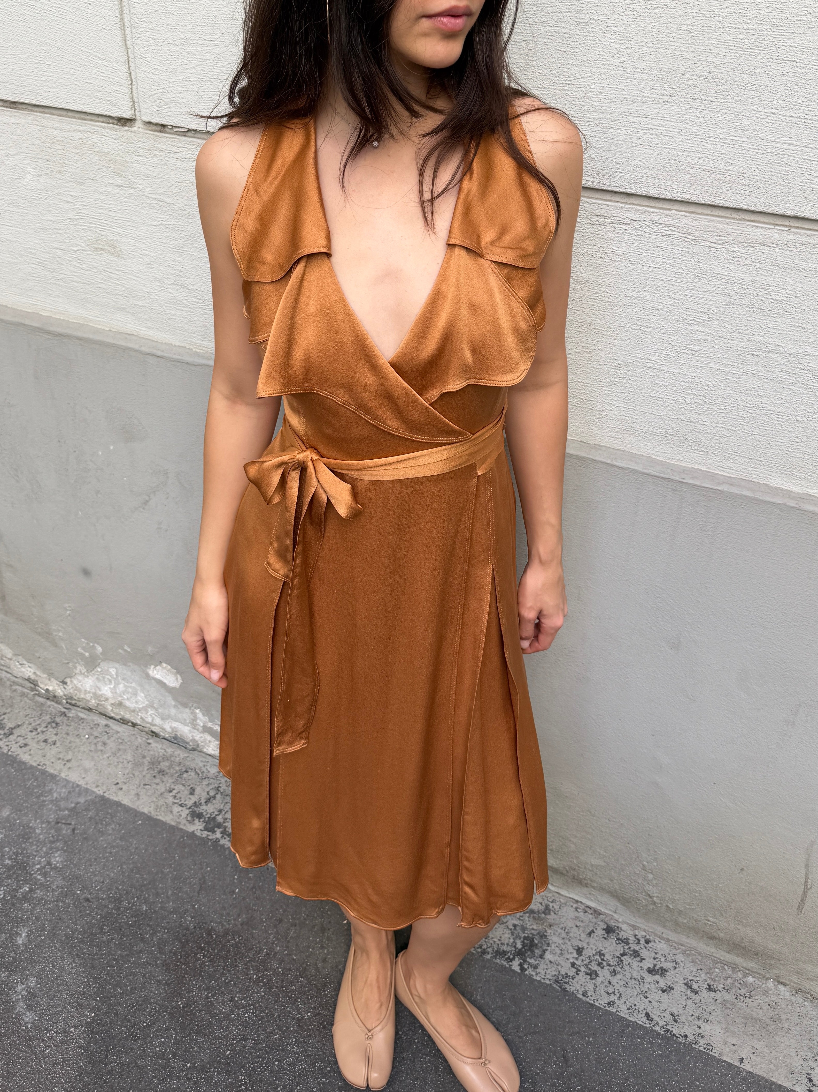 Burberry 100% Silk Congac Copper Wrap Dress M