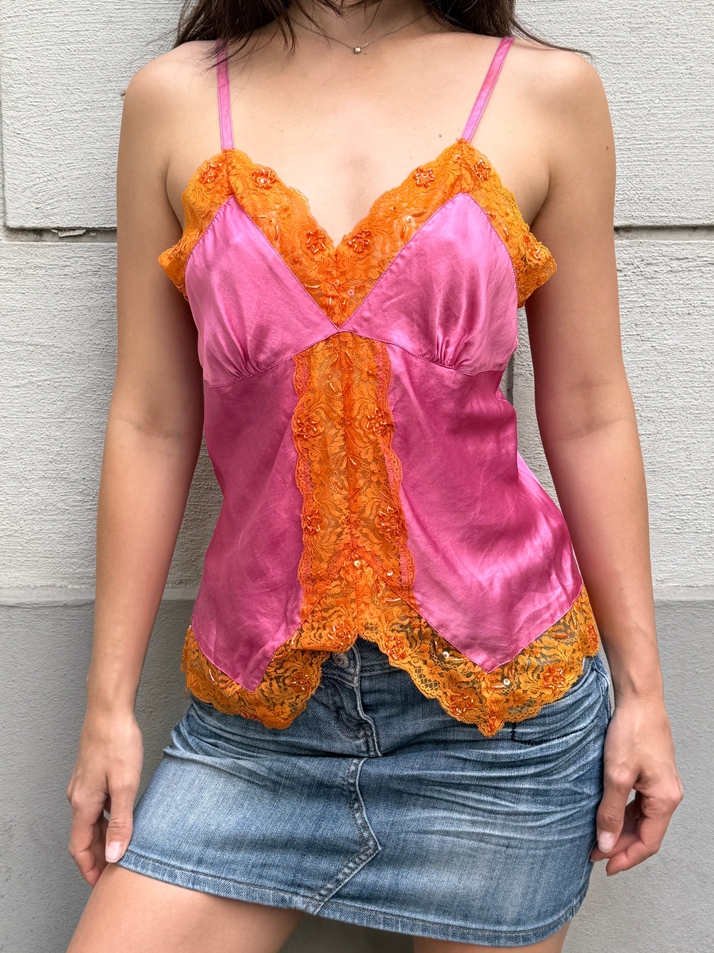 Vintage Y2K 100% Silk Orange & Pink Camisole Top M/L