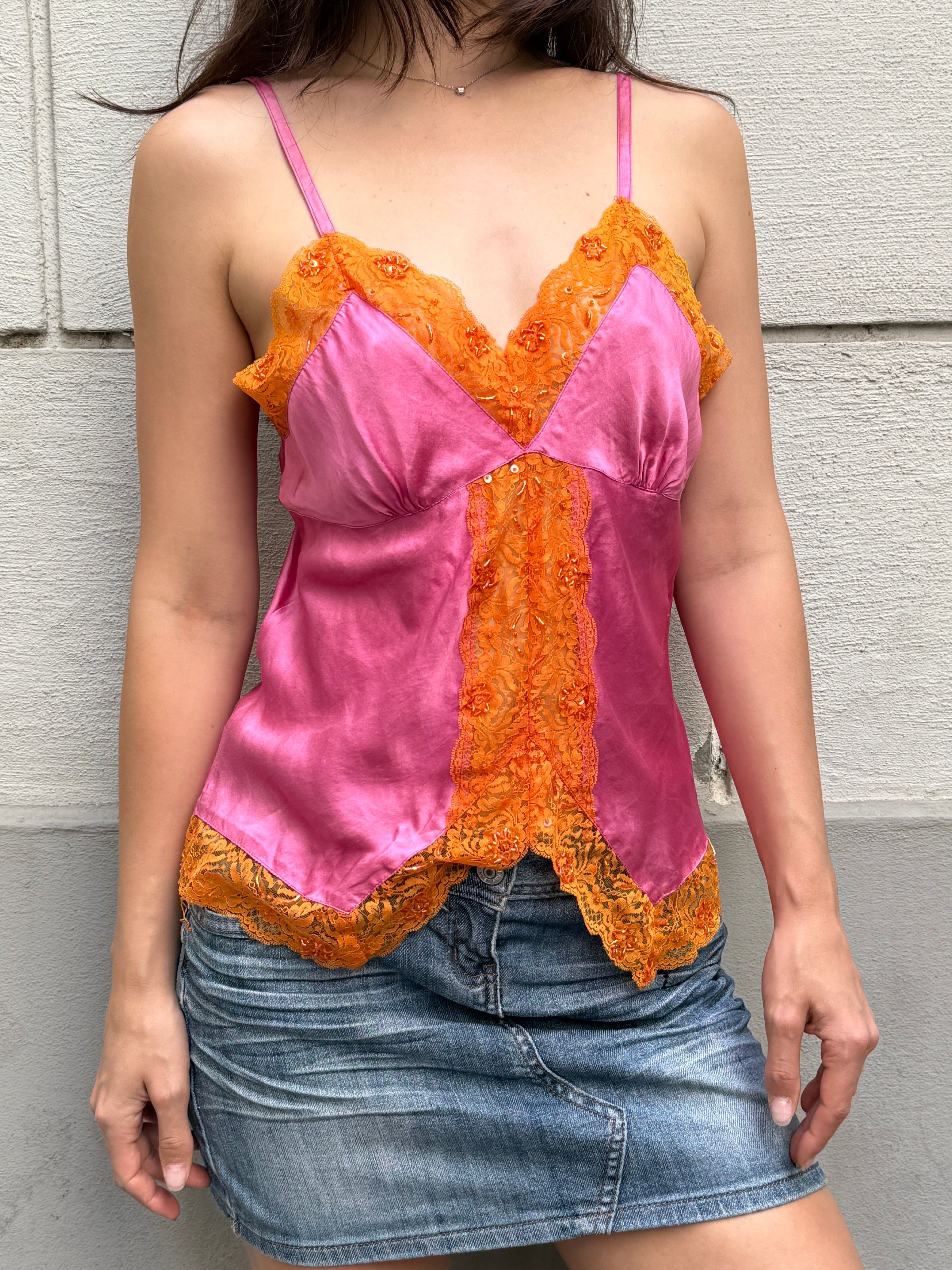 Vintage Y2K 100% Silk Orange & Pink Camisole Top M/L